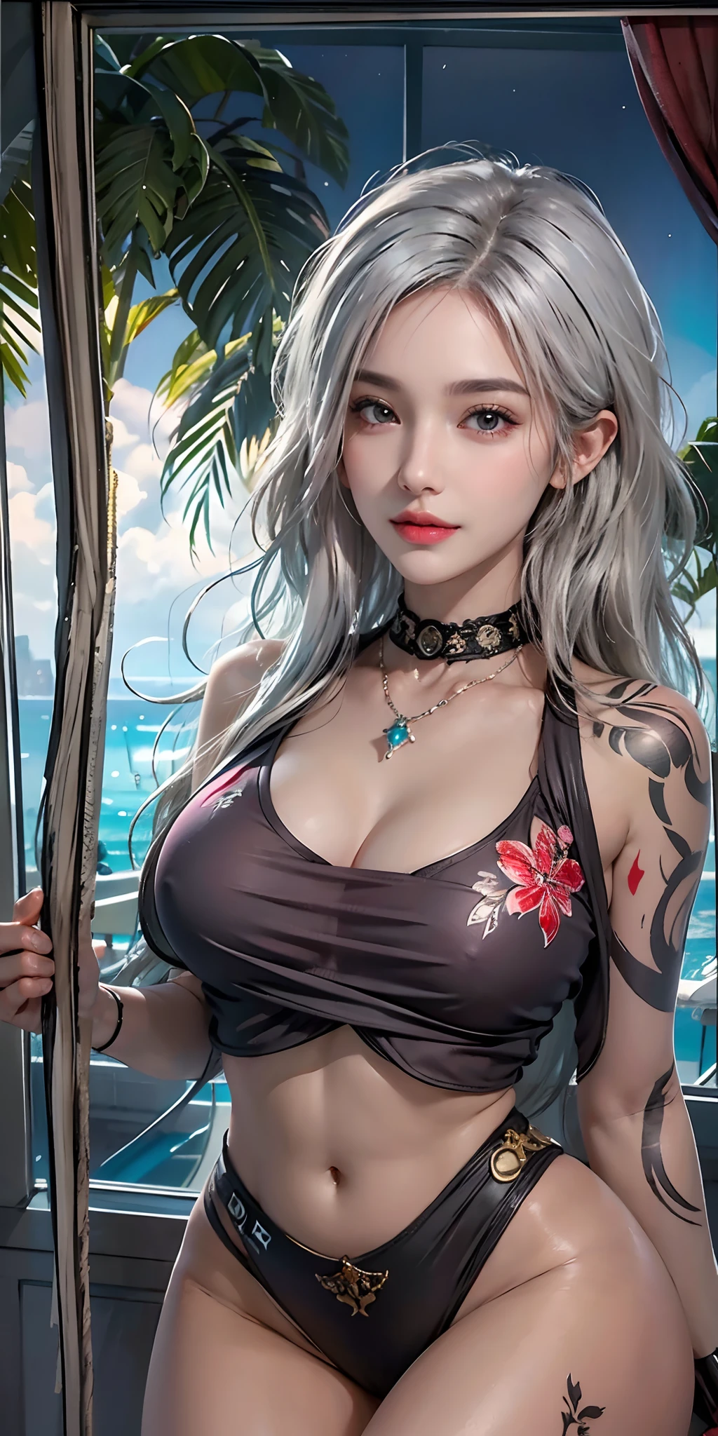 photorealistic, high resolution, soft light,1women, solo, hips up, shining skin, (detailed face),tattoo, jewelry, micro bikini,
areola slip, night, white wavy hair, Beautiful Soldier, Eyes That Invite Viewer, Lover's Perspective, Inviting Expression, Sexy Smile, Perfect Style, Perfect Balance, Detailed Skin, Naughty Gaze, Chest Visible