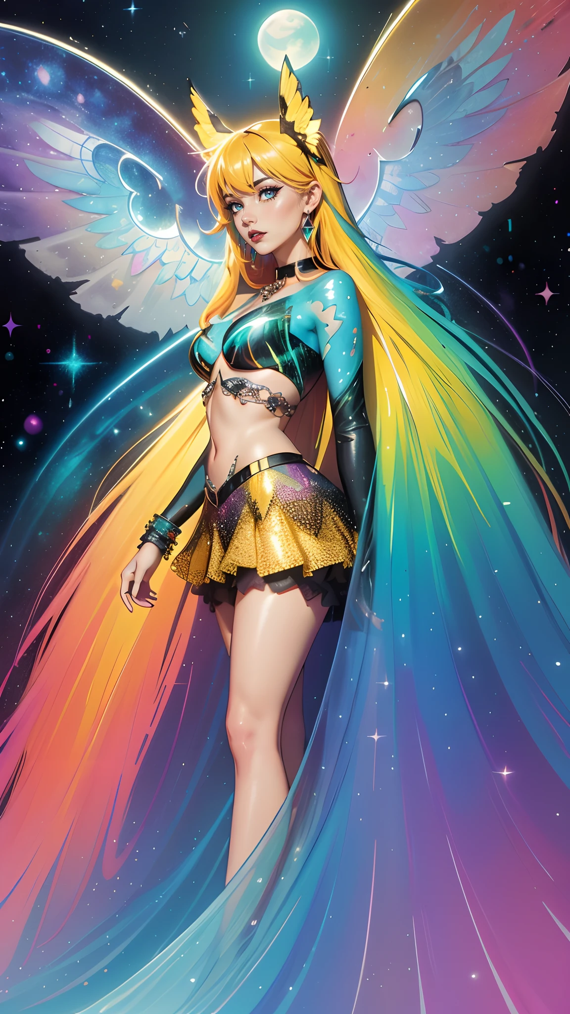 abstract beauty,approaching perfection,dynamic,Highly detailed,digitalpainting,Artstation,Concept art,Smooth,sharp-focus,illustartion,Artists: by Carne Griffiths, Wadim Kashin,leonid afremov,kandinsky,Psychedelic,watercolour,mother-of-pearl foil,stylish,Fantastic,colorful neon, s face, waist-high, portraite of a, up close, near, A glorious sunrise, aura, Glow, multi-colored bright aurora borealis, spectrum, In a chic, mixed-language_SMS, (beautiful and clear background:1.2),, fantastic paintings , high detailed eyes, The Space of the Northern Lights, galaxy, Gorgeous hair, Loving. Love. ultra detail hair, Best Quality, hiquality, hight resolution, detail enhancement, ((most beautiful image in the world)), Masterpiece, Best Quality, High Quality Detail Enhancement, ((most beautiful image ), Shiny hair, Ultra chic, Topless, naked body, curvy chic body, Stampa Flores, art by stjepan sejic, art by j scott campbell, Artist Guillem March, art by citemer liu, 4k, hight resolution, comic book character, comic, high quality detailed, style of ::2.0 comix illustration style,tatoon style, hiquality, hight resolution, detail enhancement, 8K, HD, Best Quality, hiquality, hight resolution, detail enhancement, 8K, HDR, sharp-focus, Ultra Detailed, perfect lighting, Curvy Body, Lush big breasts, Curvy big hips,Thin Transparent Gloves, Model of a fantastic witch: long wavy black hair, full dark lips, Smoky eyes, BREAK, Setting: Room with black color, Broken glass,multicolored neon crystals, BREAK, bodypaint: Polychromatic geometric patterns, Torso cover, Arms and legs, BREAK, Accessories: Chrome-plated chains with torn body, Silver Choker, black feathered white black wings, Naked, Cool, rock star, rainbow