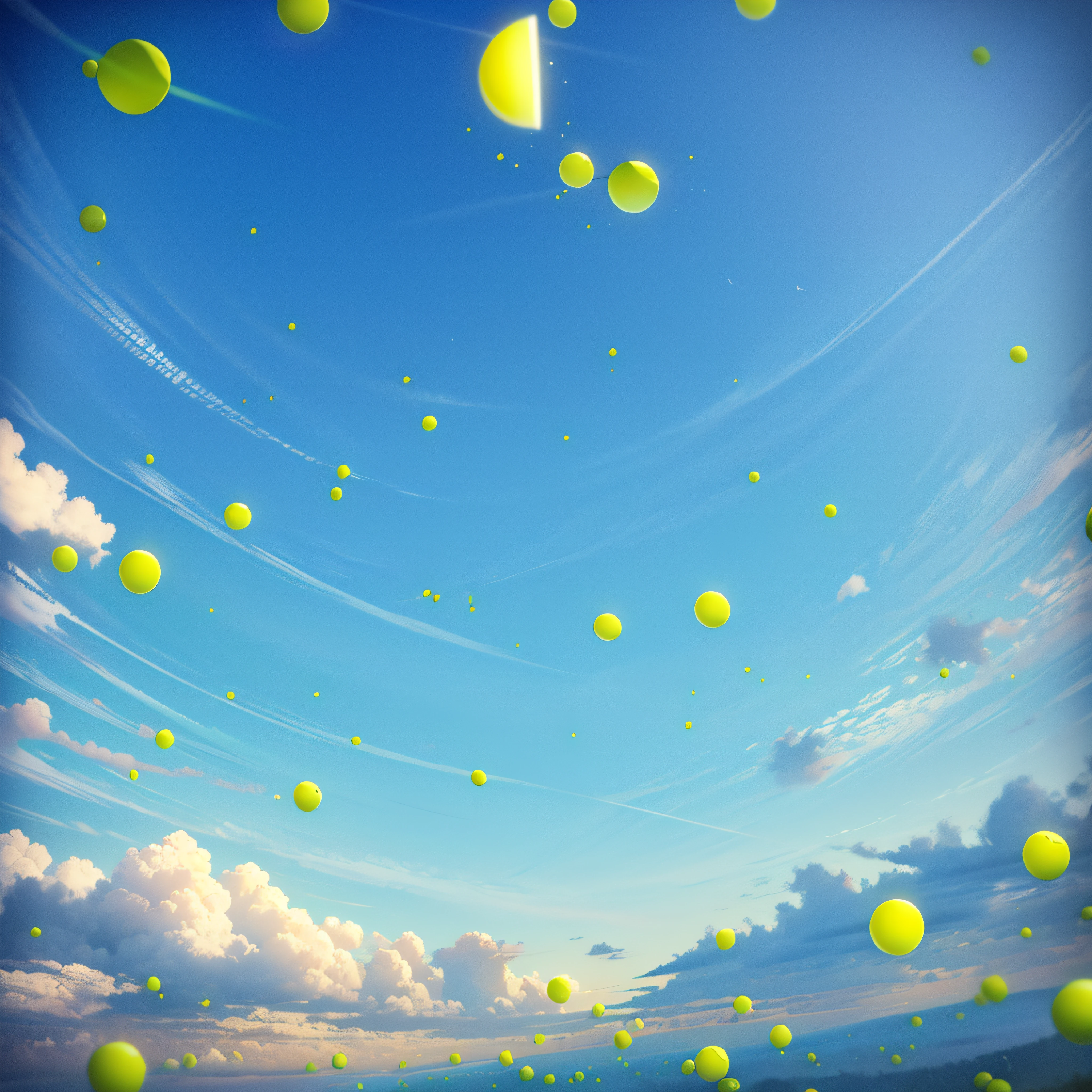 A million tennis balls fly densely into the sky,No one scene,Surreal,k hd,Hyper-realistic,illustration,intensive,Blue sky,Populate dense pictures, pictogram,afloat,mid-air,fei。