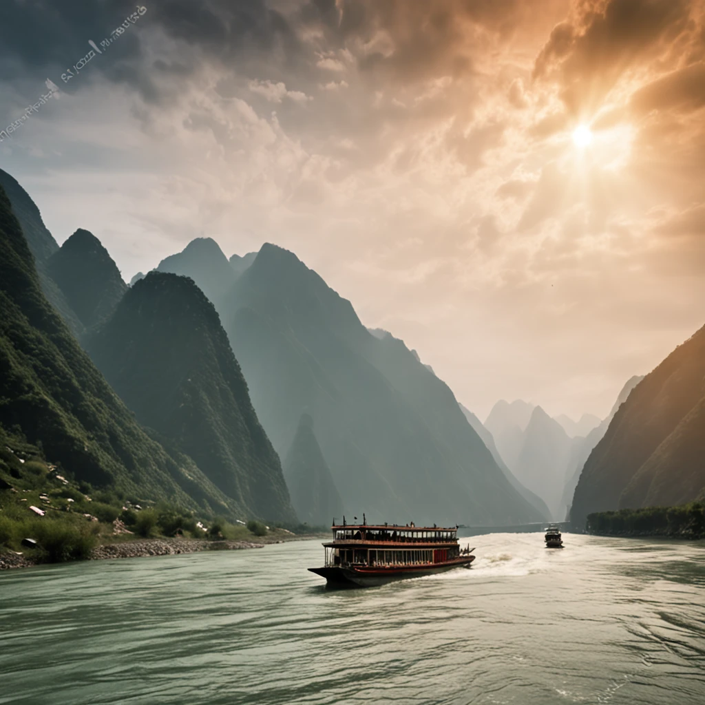There is a river in the middle of the extremely high mountains of the Yangtze River in China, When the boat moves forward in the river. The scenery is very beautiful, 64K HD images