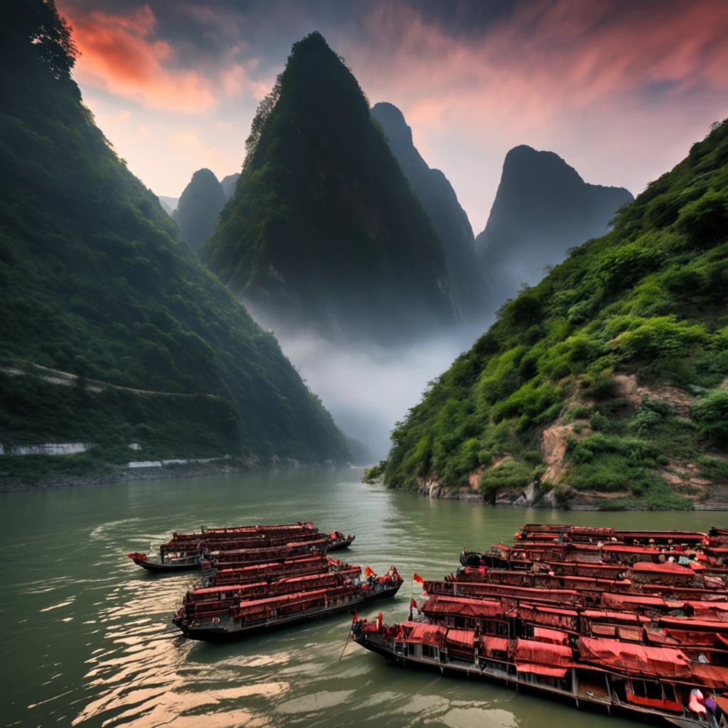 There is a river in the middle of the extremely high mountains of the Yangtze River in China, When the boat moves forward in the river. The scenery is very beautiful, 64K HD images