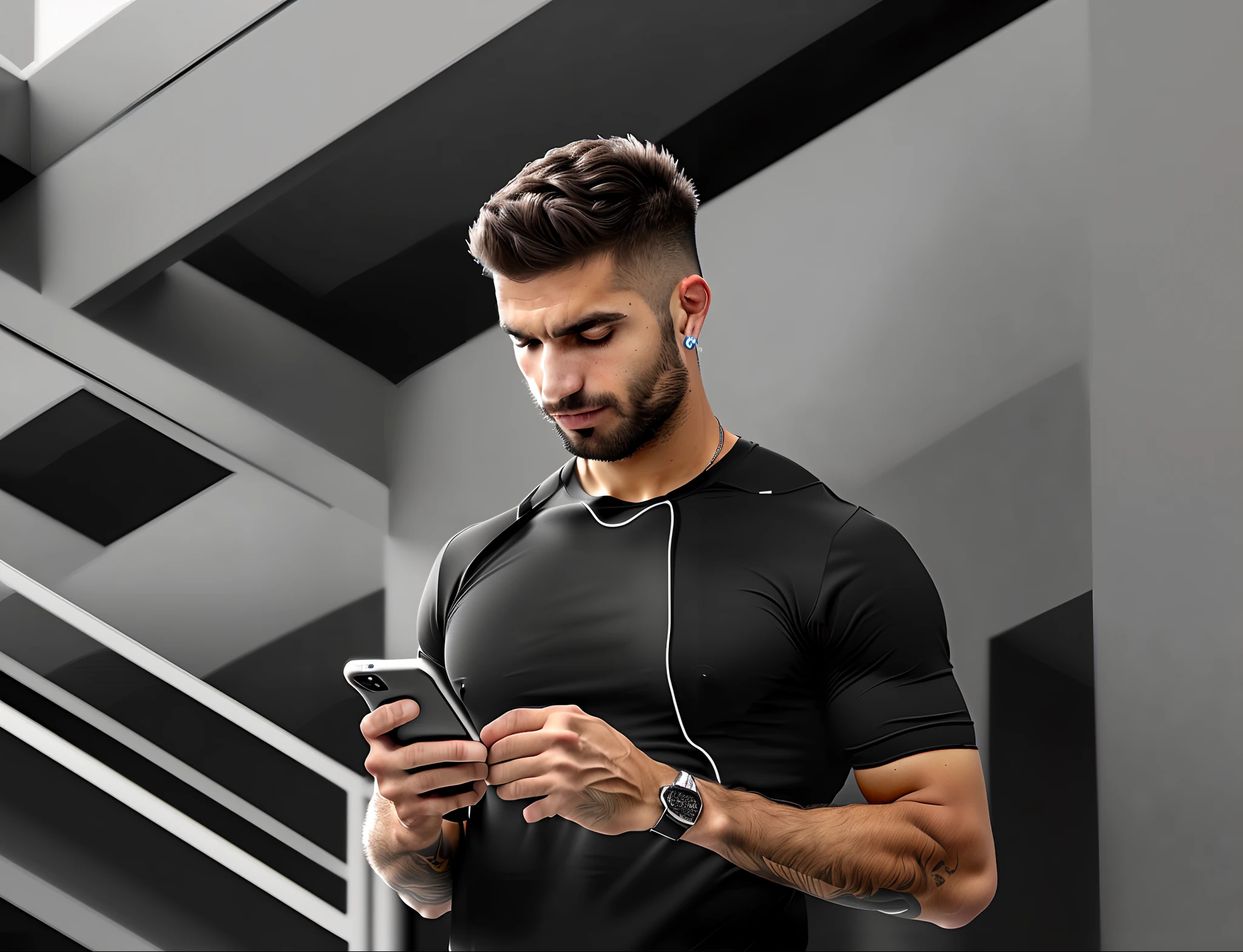 um homem parado em frente a uma escada usando um telefone celular, olhando para o telefone dele, he is holding a smartphone, athletic man in his 30s, Shutterstock, holding a very advance phone, usando equipamento de fitness, em uma academia, candid shot, Jovem com short, com fones de ouvido, ele tem fones de ouvido, Motivacional, Advanced technology, com fones de ouvido