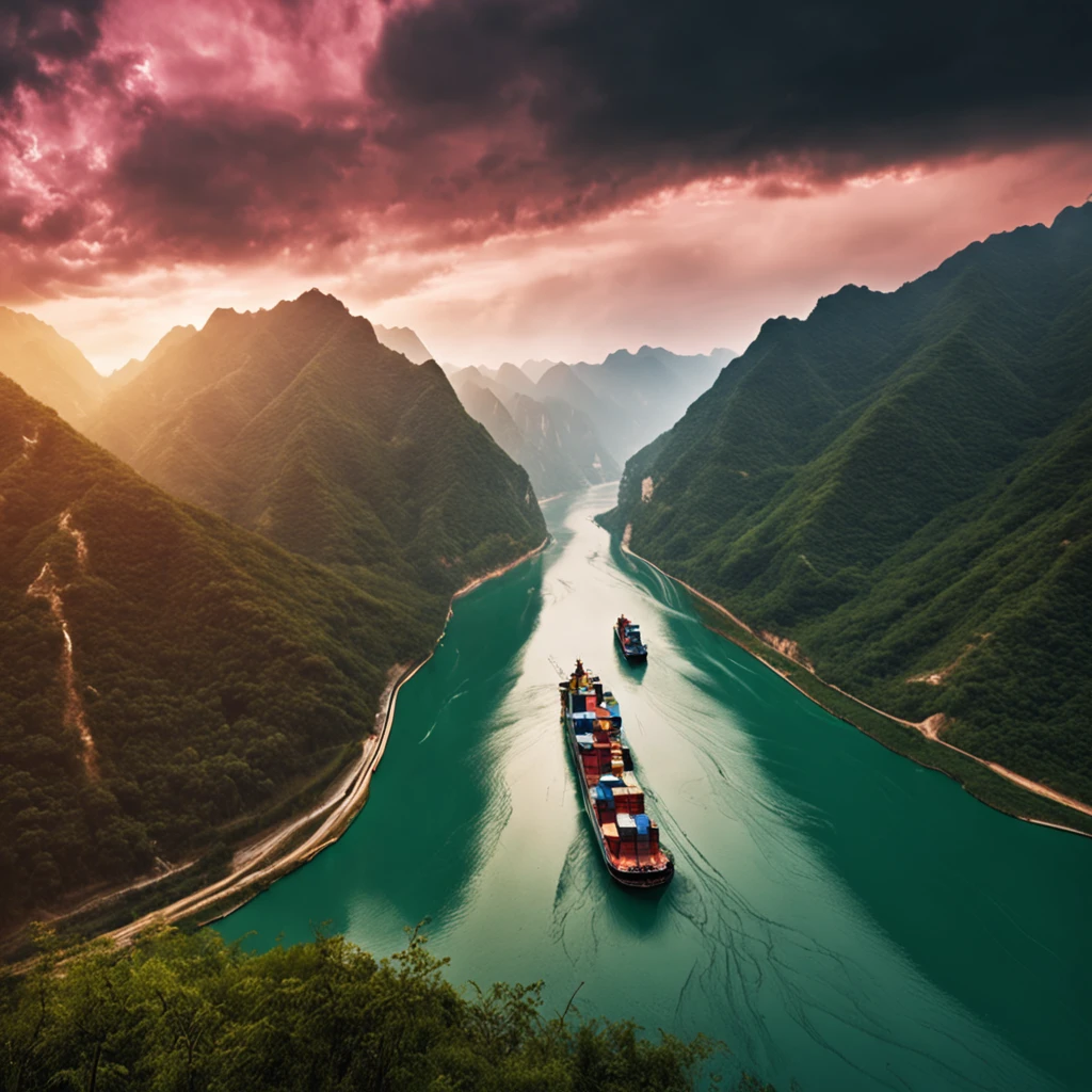 There is a river in the middle of the extremely high mountains of the Yangtze River in China, When the boat moves forward in the river. The scenery is very beautiful, 64K HD images