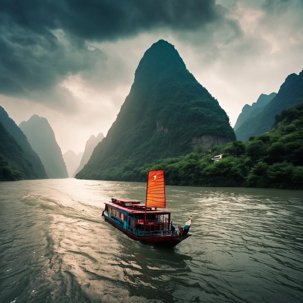 There is a river in the middle of the extremely high mountains of the Yangtze River in China, When the boat moves forward in the river. The scenery is very beautiful, 64K HD images