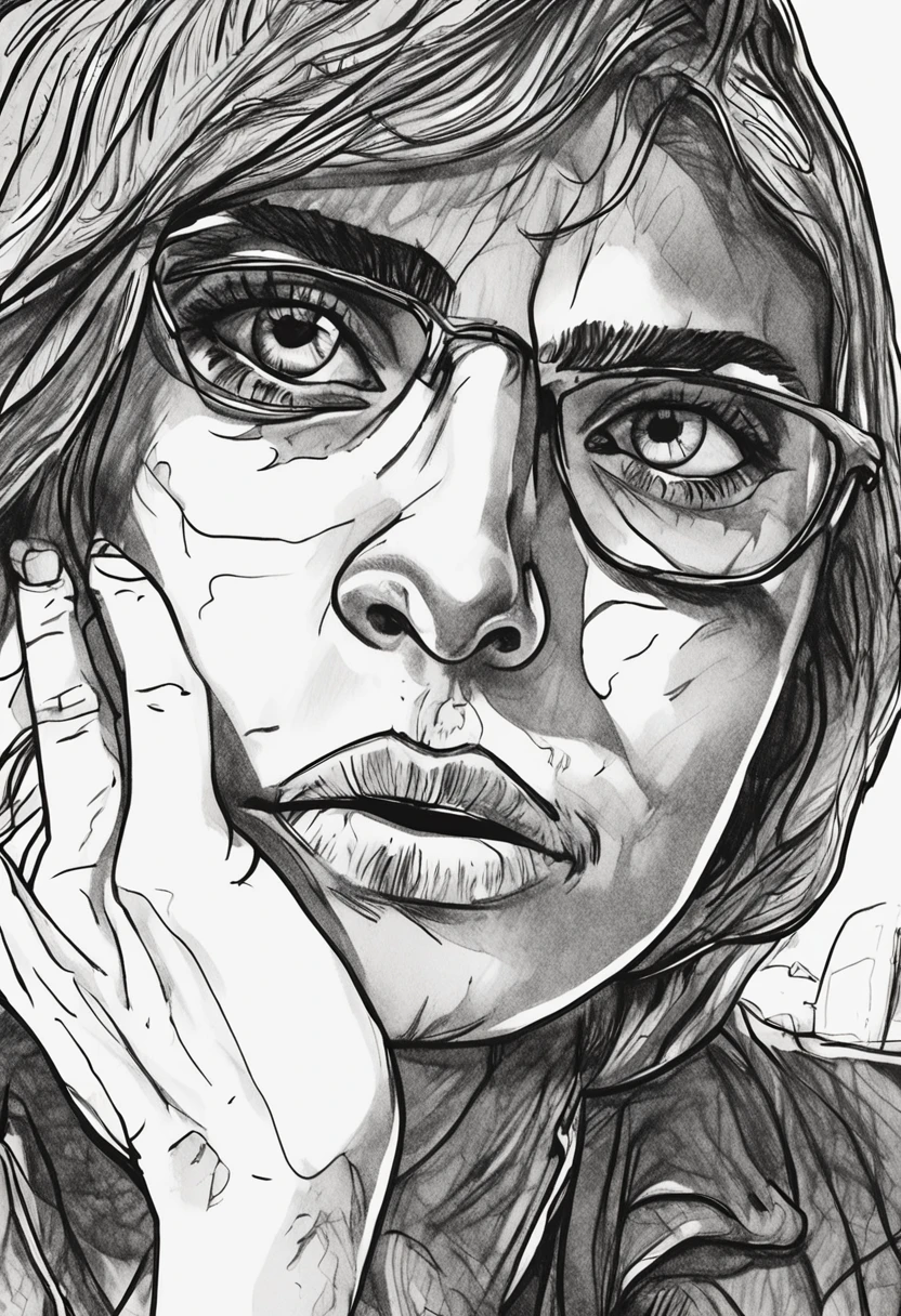 Someone is drawing a close-up picture of a person's eyes, Ink illustration with shadows, hand drawn animation, Enhanced eye detail, Black and white ink style, Detailed face and eyes, sketched 4k, illustration sharp detail, Details in shadow, hand drawn animation, detailed face background detail, Inks and screentones, Pen and ink work. Sharp Focus