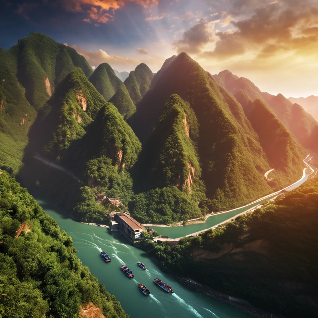 There is a river in the middle of the extremely high mountains of the Yangtze River in China, When the boat moves forward in the river. The scenery is very beautiful, 64K HD images