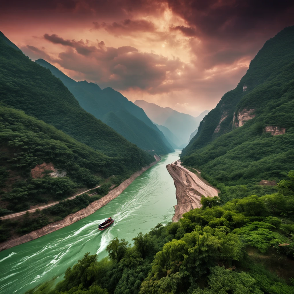 There is a river in the middle of the extremely high mountains of the Yangtze River in China, When the boat moves forward in the river. The scenery is very beautiful, 64K HD images