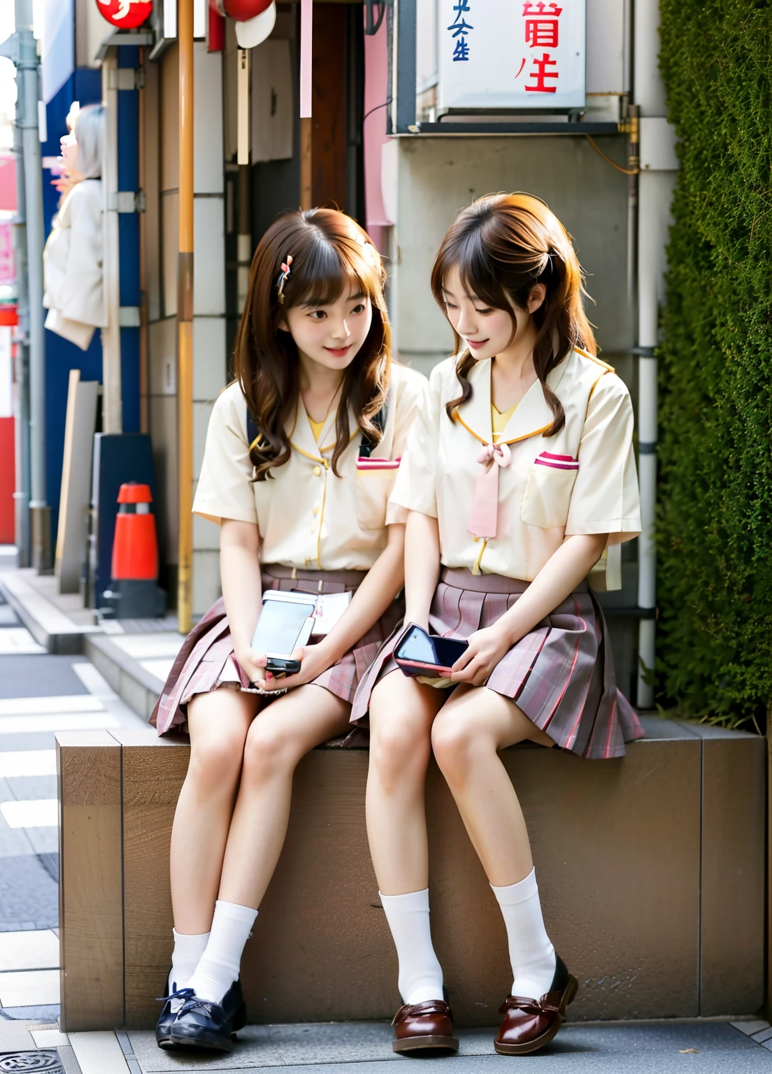 Two women sitting on a shelf looking at their mobile phones, two japanese schoolgirls posing, girls resting, wearing japanese school uniform, Japan school uniform, in a tokyo street, checking her cell phone, checking her phone, uhd candid photo of dirty, ayami kojima and lyde caldwell, Two girls, sitting in tokyo, Cute Girls, japanese city street fashion