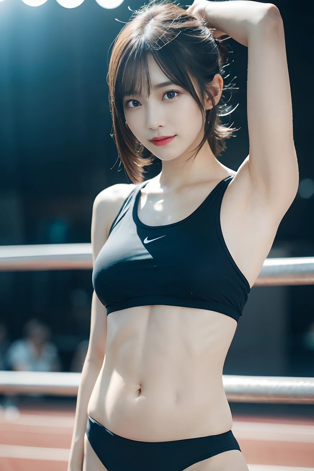 (Original Character、Unity 16K Wallpaper, masutepiece, Best Quality, Ultra-detailed, extremely details CG, Caustics, Cinematic lighting, Detailed, Beautiful detailed eyes, Solo), Ultra High Resolution, Fine skin, (track and field:1.2) 、(strong lights)、Oily skin,Smile , from the front side:1.2、(Sexy Women)、arena、Full body shot、Toned abs、Separate、Racing Bloomers、(show off belly:1.2),show off neck,A clear day、Cowboy Shot、show armpit、Lower breast、((Big breasts))、Arms raised、Cinematic lighting:Cinematic lighting: Light on ~:Illuminate ○○ (If you want to brighten your face, Face) Physically-based rendering