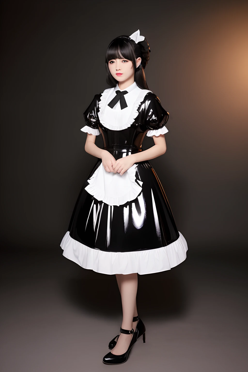 masterpiece, Top Quality, extremely realistic., Beautiful Woman, bobbed black hair, Fair skin, Girl in a latex dress, Maid clothes, Dream-like background, Background matching
