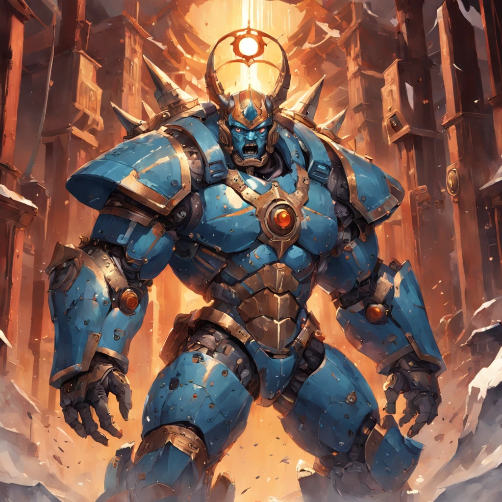 Titan, Destroyer of armies. From it radiates a sense of fear, hopeless for anyone to look at, below them were 7 Juggernauts smeared with mucus on each of their muscular muscle masses, They used the body of a royal soldier as a weapon, Some of them limped with unusually large weapon bars. Taitian machines used to be a glorious history, is a symbol of strength, a royal punch to a clique of traitors. And now they're just an outer cover for the corruption-controlled Titano-hives. More terrible when they are equipped with new melee weapons such as electric chains, Thunder hammer, Fire mace. They headed towards Ravlenheim Palace, They do what they do best – slaughter and destruction. In just a moment, An entire large neighborhood was left with only a ruined ruin, Like 1 dead land. No need to contact or ask for help, The little commander understood that these machines would not be able to be held back by the energy shield surrounding the palace. Facing what was in front of him now for him or anyone else present at this moment was no way back. There is only one action left that can be taken now, He shouted boldly. masterpiece, steampunk, ultra high res,(photorealistic:1.4) , sharp focus, depth of field. neutral colors:1.2), (hdr:1.4), (muted colors:1.2), hyperdetailed, (artstation:1.4), cinematic, warm lights, dramatic light, (intricate details:1.1), complex background, (rutkowski:0.66), (teal and orange:0.4)",soft glow, magic splatter, (Tyler jacobson:1.4) fantasy style, clean art, shaded flat illustration, digital art, misty rain, misty weather. steampunk battle city background, monster in a battlefield of blood and fire.