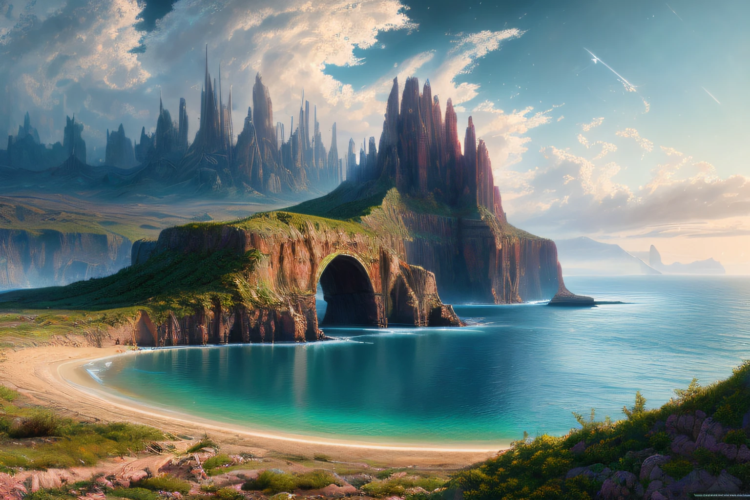 paysage futuriste, Eau, (Highly detailed CG Unit 8k wallpaper), The most beautiful work of art in the world, Professional majestic oil painting, complexe, High detail, mise au point nette, dramatique, Art of photorealist painting,
