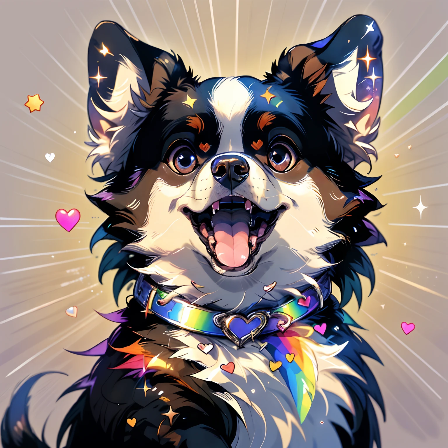 Niji Pride, solo, smile, open mouth, tail, heart, tongue, tongue out, star (symbol), collar, no humans, sparkle, fangs, looking up, dog, animal focus, sparkling eyes, fluffy