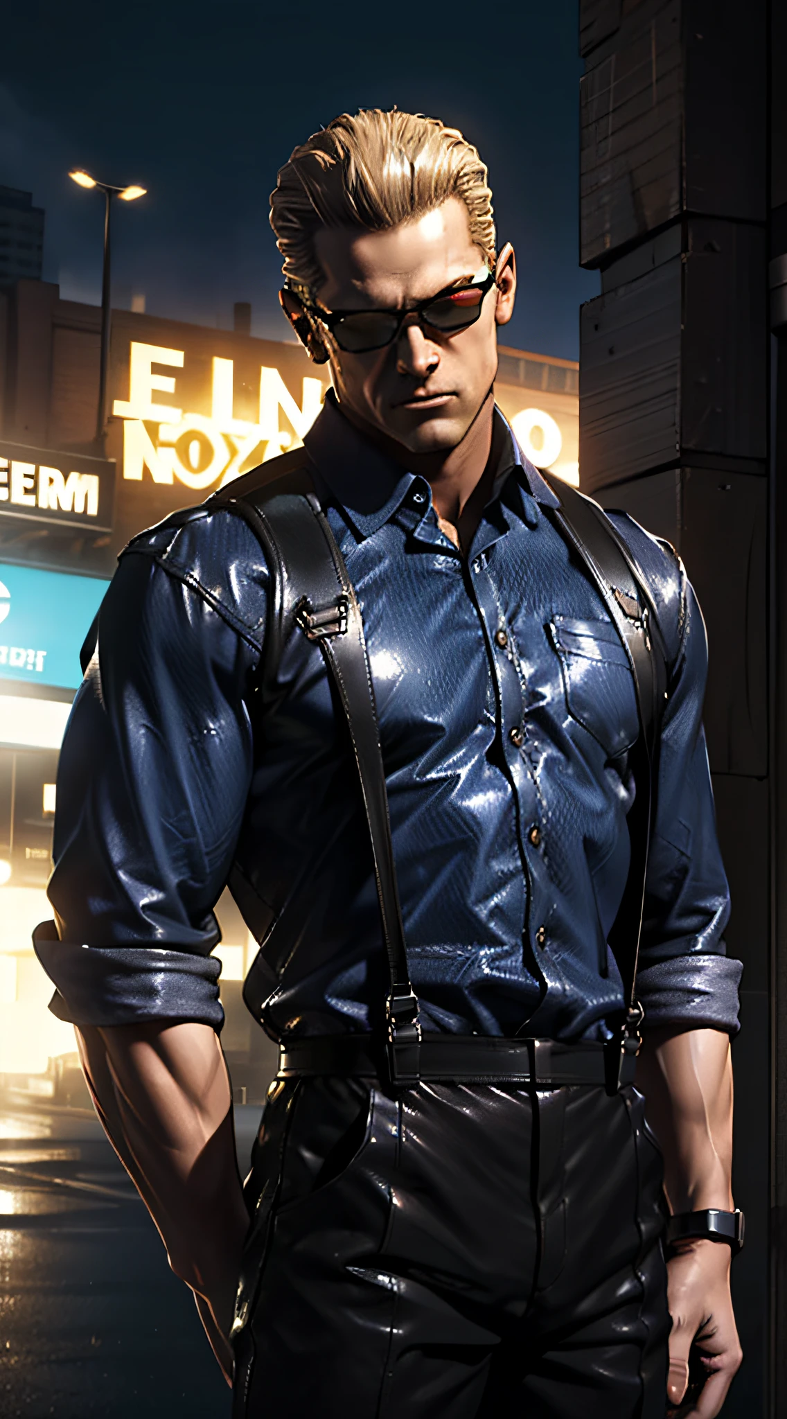 1 man, solo, Albert Wesker, lean muscle male, really tall, wearing a dark blue shirt, leather suspenders, looking casual, wearing elegant sunglasses, black trousers, straight posture, cold face, middle aged, in a labratory, night time, high quality, solo, single male, male focus, upper body shot