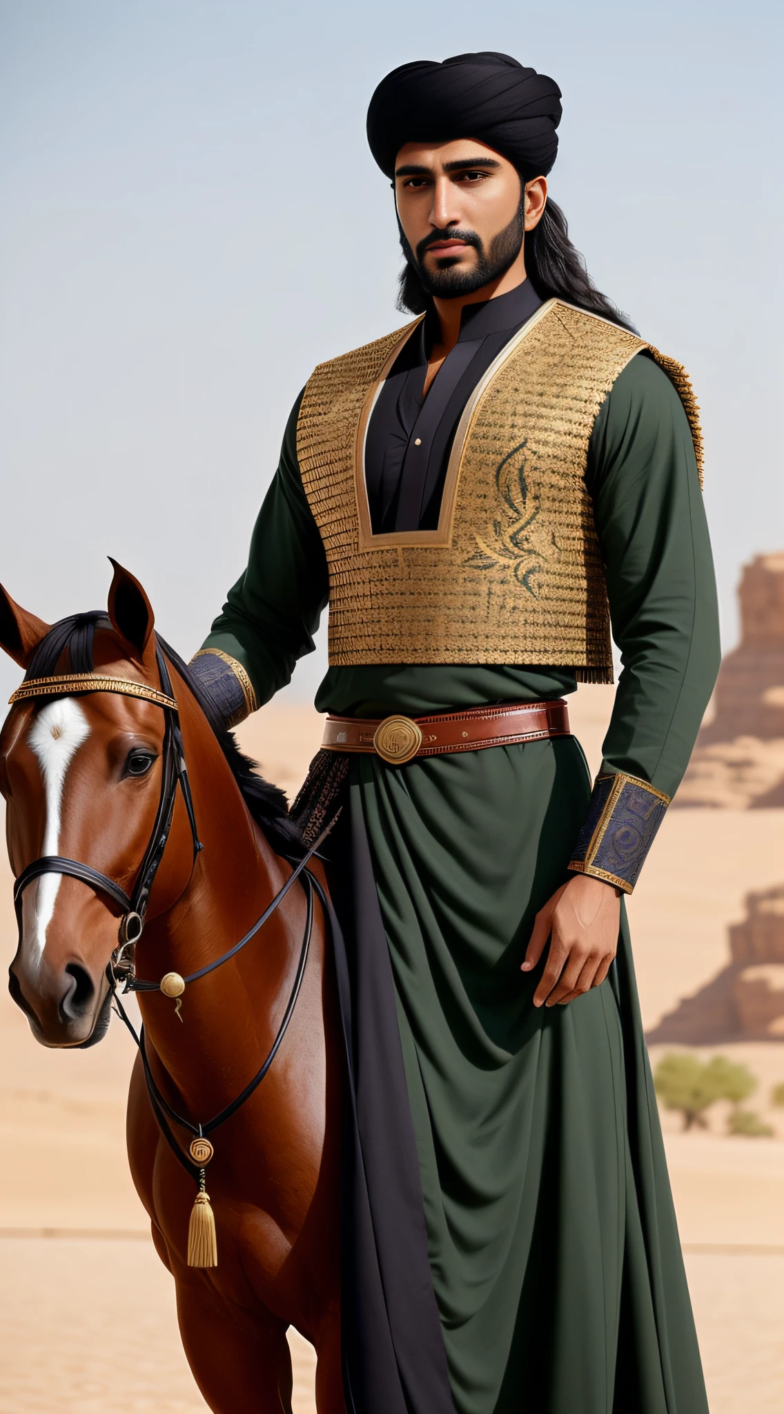 Create a vivid image of Khalid bin Waleed, the esteemed Arabian warrior and military strategist. His appearance is a tapestry of strength, wisdom, and deep-rooted Arab heritage. Facial Features: Portray Khalid's countenance with rugged handsomeness, featuring a prominent jawline, chiseled cheekbones, and eyes of intense brown that reflect both determination and profound insight. Complexion: Render his skin in a warm, sun-kissed olive tone, a testament to his Arabian lineage and life in the desert. Accentuate the lines etched on his face from years of leadership, adding depth to his distinguished visage. Clothing and Attire: Dress Khalid in flowing robes of earth-toned fabrics, adorned with intricate embroidery that narrates tales of battles and triumphs. Capture the regal elegance of his attire, reflective of his identity. Style and Accessories: Include the traditional Arabian accessories that complete Khalid's appearance. A finely woven keffiyeh graces his head, secured with a black agal, and a leather belt holds a scabbard housing his prized sword. Presence and Bearing: Portray Khalid's commanding demeanor, showcasing his natural authority and confidence. His erect posture and deliberate movements underscore his role as a leader. Symbolism and Spirit: Convey the deep significance of Khalid's appearance—his profound connection to Arabian heritage, unwavering commitment to Islam, and status as a revered historical figure. His attire, features, and bearing collectively embody his authenticity, battlefield valor, and strategic wisdom. Immerse the viewer in the essence of Khalid bin Waleed, celebrating his legacy while respecting his historical significance and cultural identity.
