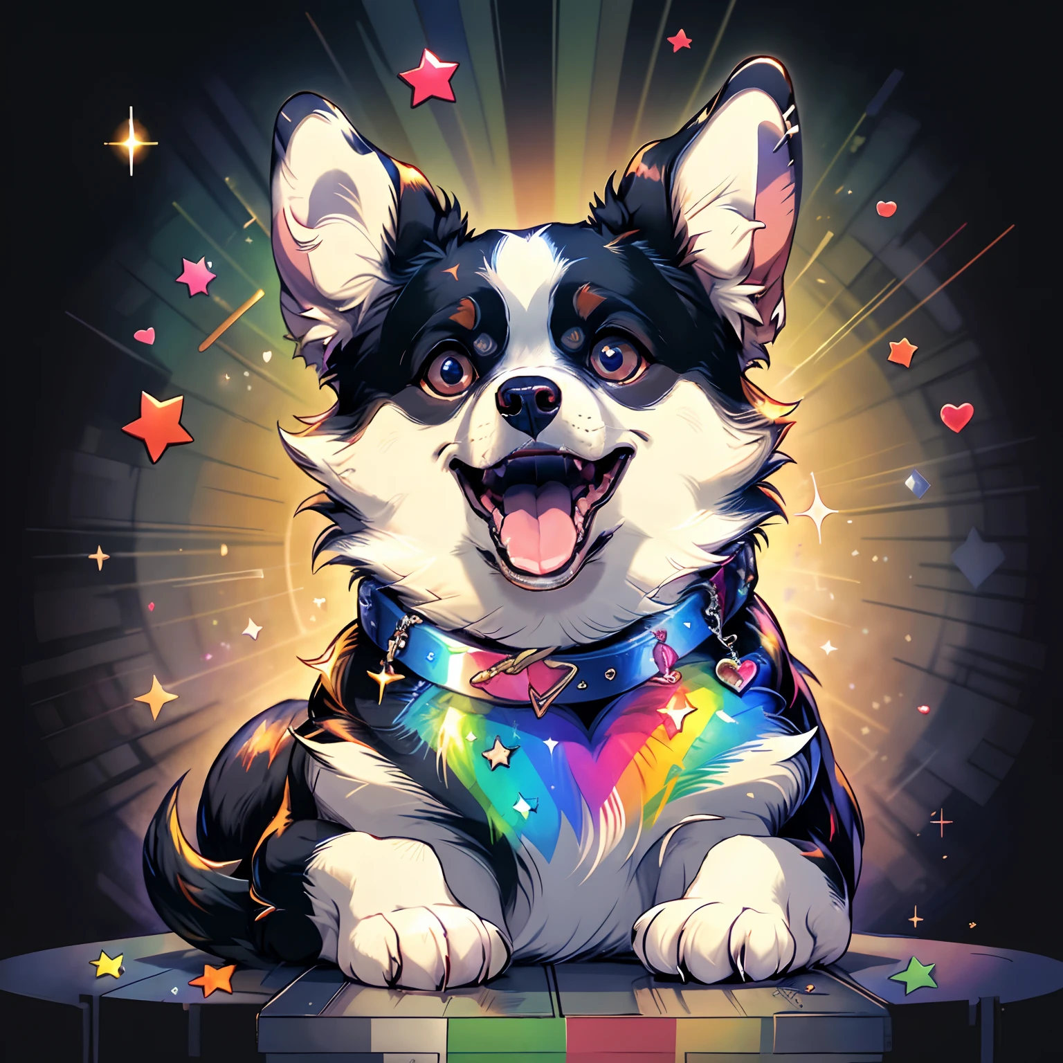 Niji Pride, solo, smile, open mouth, tail, heart, tongue, tongue out, star (symbol), collar, no humans, sparkle, fangs, looking up, dog, animal focus, sparkling eyes, fluffy