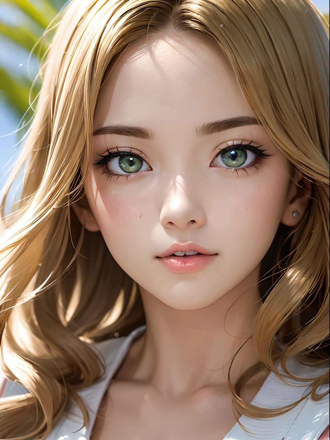 realisitic, high-detail, Hyper Detail, depth of fields, NFSW, 1 Lady, facial close-up, (((1 Lady:1.37, Solo))), (((Extreme close-up of the face))), (Beautiful face, Cute face, Detailed face,), BREAK, ((( Golden hair, Semi-long hair, Hair pulled back, Wavy Hair))), (((Detailed beautiful green eyes,))), BREAK, (((Sunny))), (((in beach))), BREAK, blazing, Shiny skin, extremely detailed CG unified 8k wallpaper, very fine 8KCG wallpaper, (masterpiece, Best Quality), High resolution, Ultra-detailed, ultra-sharp, Cinematic lighting