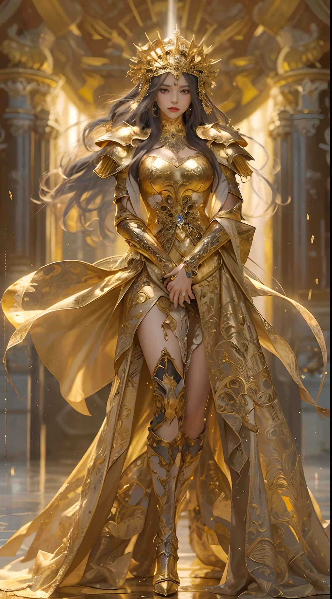 Woman in gold dress, Real Art Station, Heavy rain scene, detailed fantasy art, Stunning character art, Beautiful exquisite character art, Beautiful gold armor, Extremely detailed, Girl in Shining Armor, Exquisite Intricate Headdress and Jewelry, Full body capture,