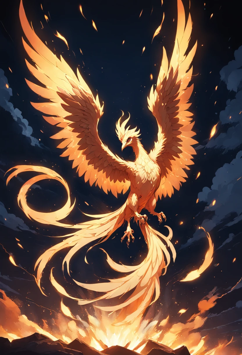 (divine bird),(fire phoenix),(The fire outlined the phoenix's body),The phoenix flaps its wings,(Brilhando com luz dourada),sozinho,nigth,Multiple silhouettes,First-person elevation angle,super detalhamento,melhor qualidade,master part,(8k),extremamente detalhado,arte epica