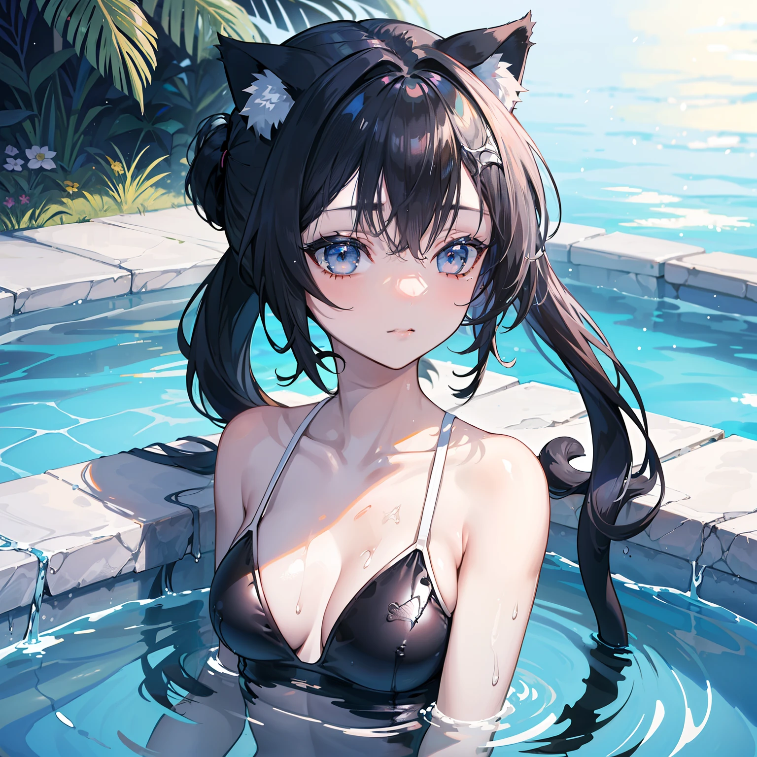 Beautiful fece, masterpiece, top-quality, hiqcgbody, animesque, 1girl in, Medium chest, olympic swimmer, Transparent transparent black swimsuit, portrait shot, Look at viewers, Partially submerged, Outdoor pool, (silber hair),(Feline ears),poneyTail,wetted skin, intricate detailes,>,((coverd)