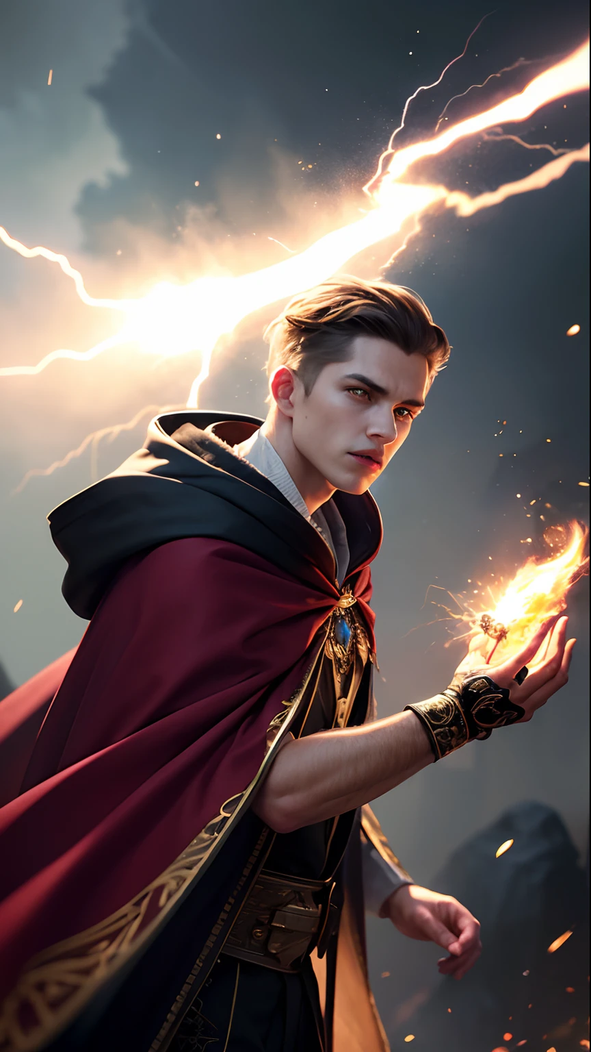 (skindentation:1.5), Realistic, Photorealistic, (masterpiece:1.5), concept art, intricate details, highly detailed, photorealistic, octane render, 8k, unreal engine, dynamic pose, best quality, highres, (realistic face:1.1), (hyperrealistic:1.1), ((full_body)), perfect eyes,(shiny skin:1.2), (((hairstyle))), (((perfect hands))), (extremely detailed background), ((dynamic background)), ((lightning)), (light rays), ((1man)), wearing cloak, (((flowing cloak))), ((detailed eyes, high quality eyes, high quality face)), (extremely intricate robes, magical robes), short hair, casting lightning, electricity, swirling fire, radiating power, sparks, smoke, magic, ((dramatic)), epic, battlefield, depth of field, bokeh, 4k, gothic, ember, particles, character sheet