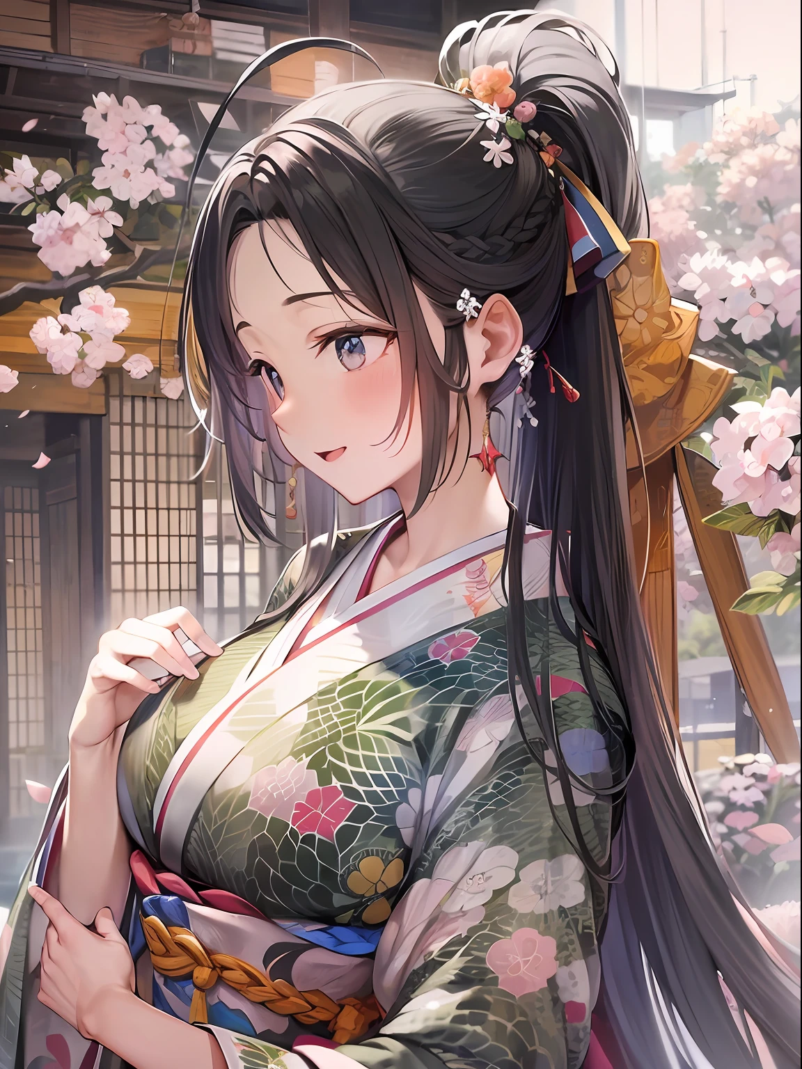 (8K、top-quality、masterpiece)、Taisho Era、japanese kimono、Beautiful adult woman、Graceful,((Super huge colossal colossal hugebreast)),Pensive、boredom、Sentimental、suffocating、Enlightened smile、long-haired with black hair、Ahoge、braid ponytail、