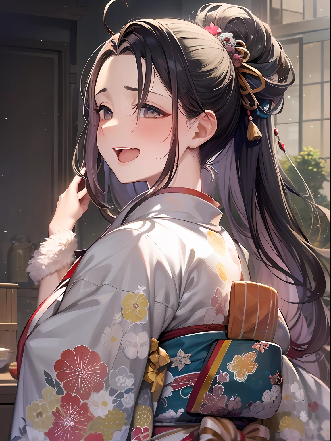 (8K、top-quality、masterpiece)、Taisho Era、japanese kimono、Beautiful adult woman、Graceful,((Super huge colossal colossal hugebreast)),Pensive、boredom、Sentimental、suffocating、Enlightened smile、long-haired with black hair、Ahoge、braid ponytail、