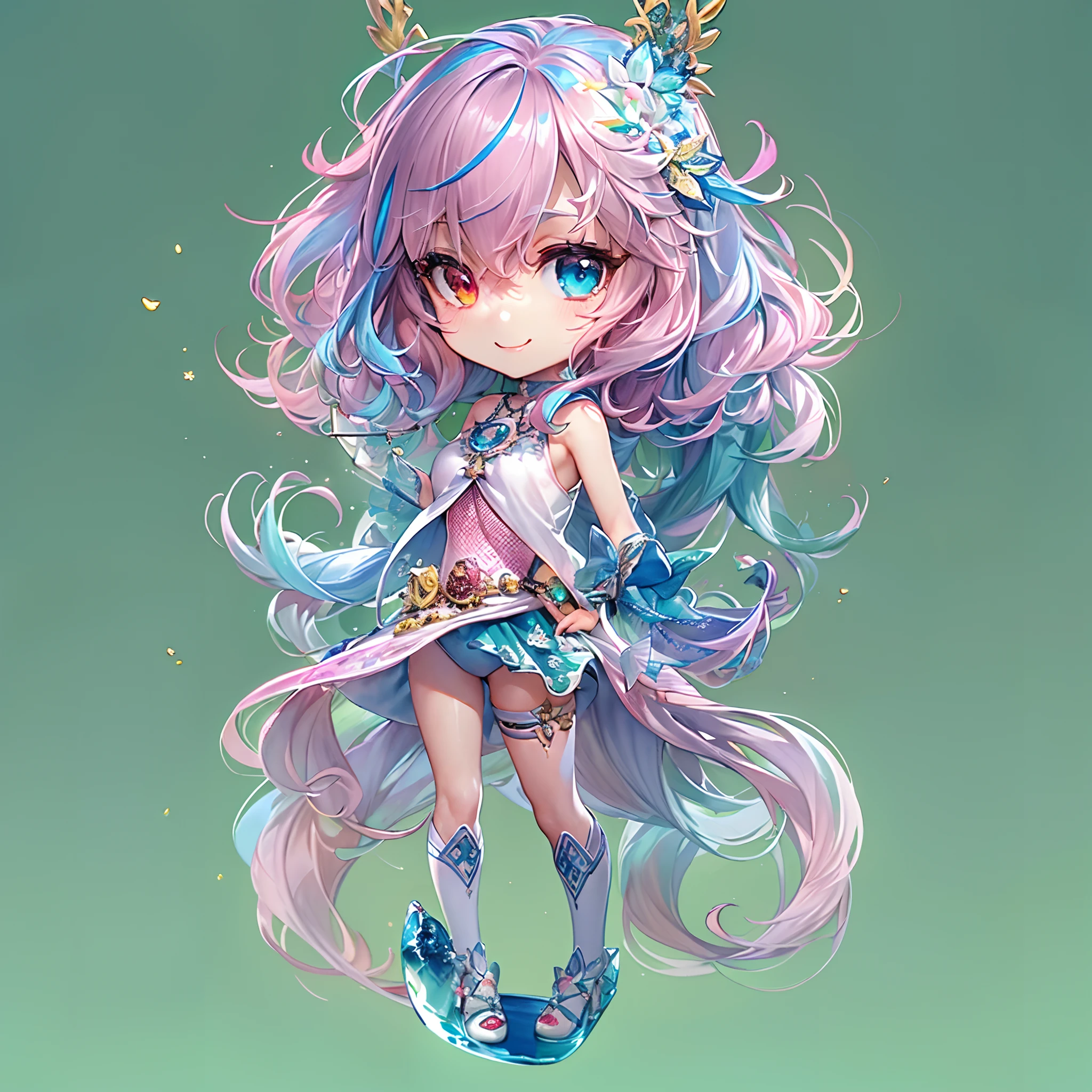 (Chibi:1.5)((masutepiece, of the highest quality, Watercolor art (Pendants), Beautiful and aesthetic: 1.2)), (Golden ratio: 1.2), (Full body: 1.2), (Super Detail: 1.3), (1 girl in: 1.3), (Fractal Art: 1.3), (Glitter Pupil)),(eye glass:1.5) ,(Iridescent hair, Colorful hair, Half light blue and half pink hair: 1.2)), (Heterochromia), (Colorful: 1.5), (((Shy face)), (full body Esbian), (Hyper-detailing), ((delicate detail)), (intricate-detail), ((Cinematic Light, Highest quality backlight)), High contrast, ((The best lighting, Very delicate and beautiful)), (( Cinematic Light)), (ray trace reflection, Glow), (((glowing aura)), ((Glowing hair)), ((Super Detail)), (8K)), ((a closeup)), ((Seductive smile)) ,((FULL BODYSHOT))、(Chibi:1.5)