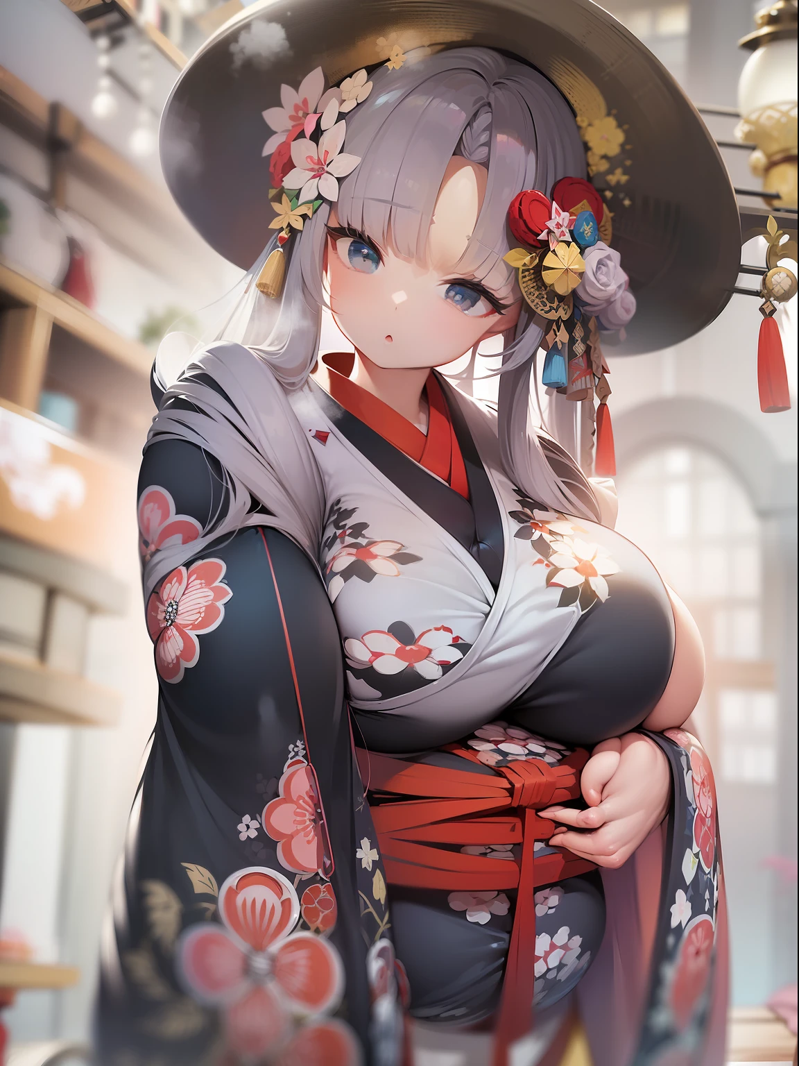(8K、top-quality、masterpiece)、Romance of the Taisho era、japanese kimono、Beautiful adult woman、Graceful、Writer's research,((hyper gigantic breasts:1.8)),Pensive、boredom、Sentimental、suffocating、Enlightened look、A Blurry World、illusion、
