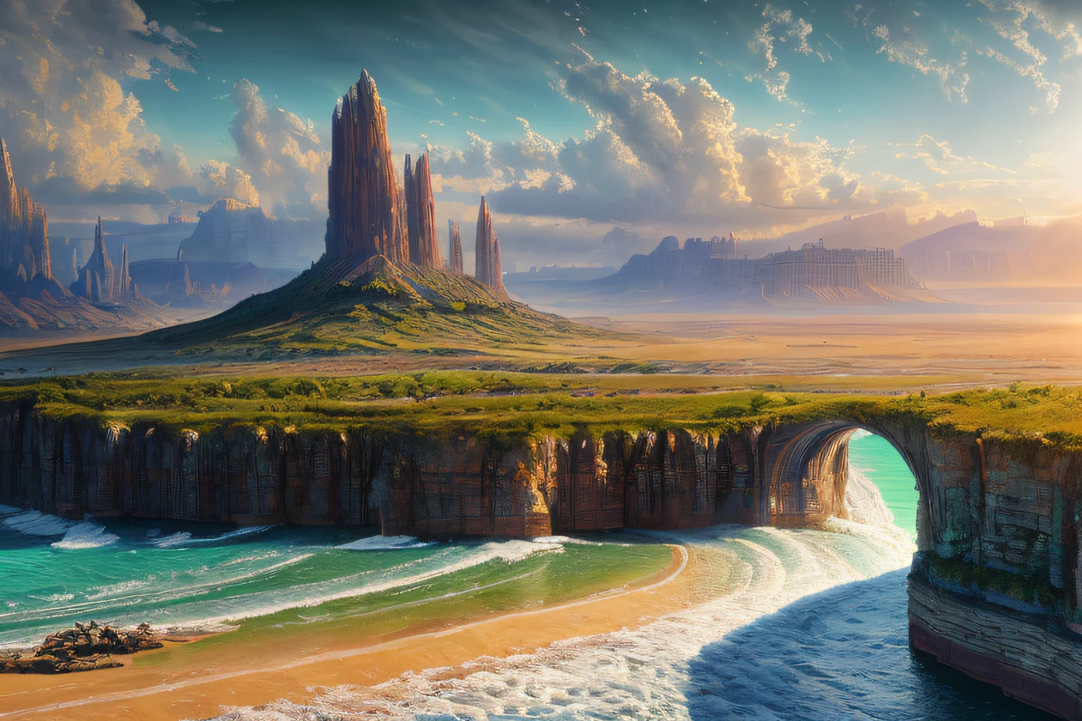 paysage futuriste, Eau, (Highly detailed CG Unit 8k wallpaper), The most beautiful work of art in the world, Professional majestic oil painting, complexe, High detail, mise au point nette, dramatique, Art of photorealist painting,