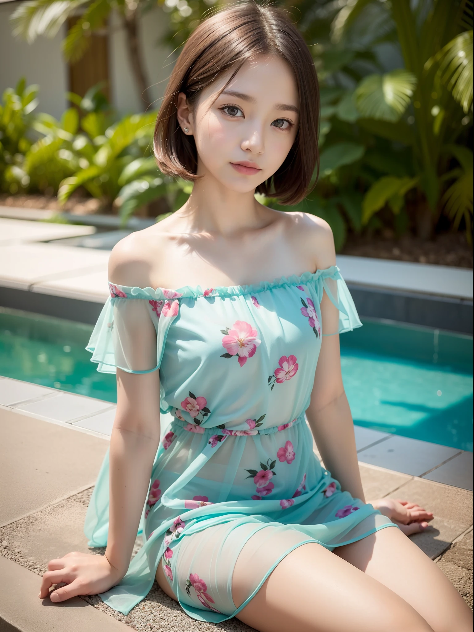 ((of the highest quality, 8K, masutepiece: 1.3, Raw photo)), Sharp Focus: 1.2, (1 AESPA Girl :1.1), (Solo: 1.2), (Realistic, Photorealistic: 1.37), (Face Focus: 1.1), Cute face, hyper detailed face, Small breasts, flat chest, Short messy hair, Small Smile, (sheer fabric:1.2), (off-shoulder chiffon dress: 1.2), sitting look back, pool side, Botanical