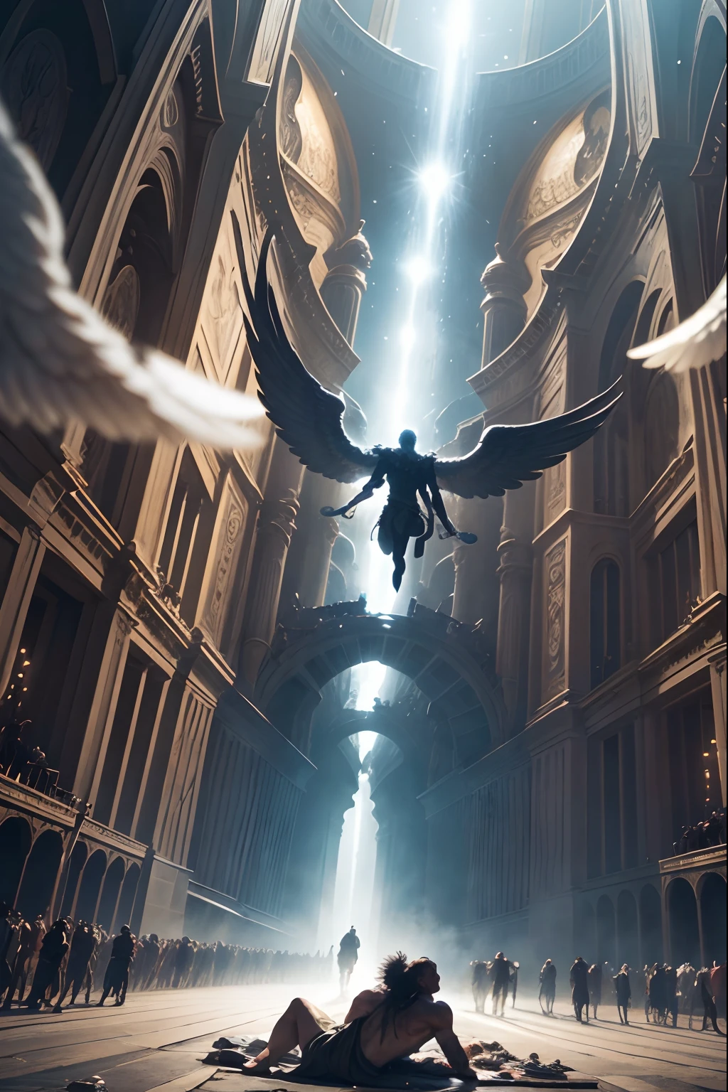 obra maestra, calidad excepcional,(8k), Detailed illustration in ultra high resolution , (male Powerful Angel: 1.7), Ether background scene Crowds of warrior corpses lie in the dust