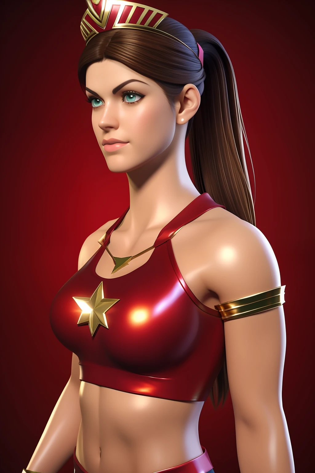 Sexy alexandra daddario as a beautiful female superheroine , green eyes brown hair, ponytail, red crop shirt, with a golden Star, wears a golden tiara on forehead with a red gem in her head , golden bracelets, long red boots, and small red shorts portrait photography by artgerm, in the style of realism, glistening skin, cartooncore, mangacore, natural lighting, Defined full lips. Muscular fitness feminine body back view