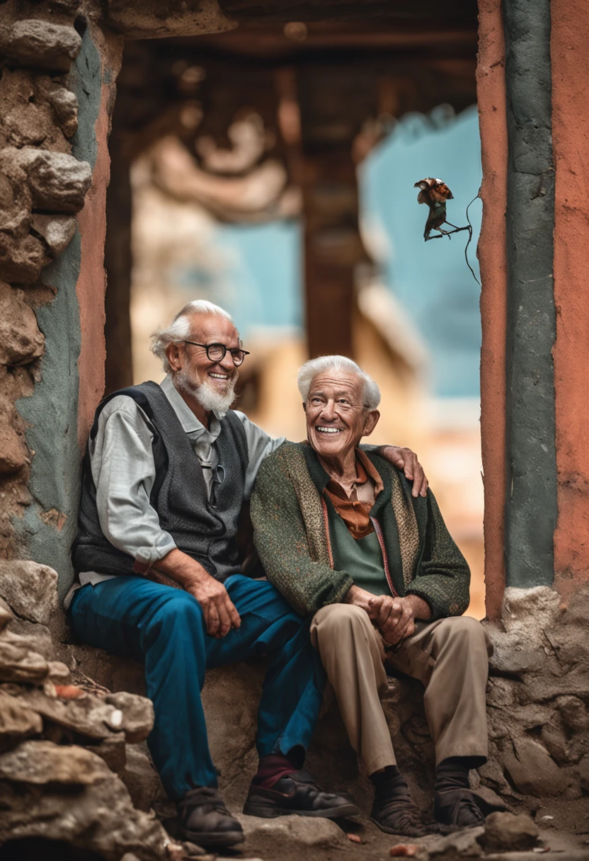 Create an image thinking as a professional photographer: in high quality, ultra HD 1,280px, with a semi-realistic style and colors perfectly centered, vibrant, and of high quality. In the photograph, a deeply joyful man around 35 years old stands with another man around 95 years old, with white hair and wrinkled skin, seated on his shoulders, legs between the shoulders of the younger man. They are within a dazzling, colorful village. The vibrant colors are meticulously positioned to draw attention to the emotionally resonant connection between the two subjects, against the backdrop of the picturesque village scene.