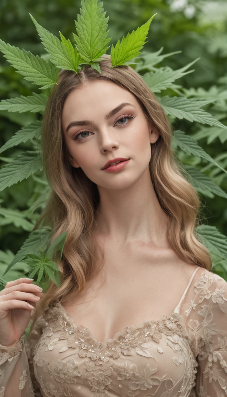 QCG art of a beautiful Dutch girl, 1girl, (marijuana goddess:1.2), (ganja queen:1.2), (marijuana leaf crown:1.2), (cannabis fashion:1.2), cute girl, Curvy body type, glamor pose, smirk, eyebrow up, Dutch culture, Amsterdam Cannabis Garden Background