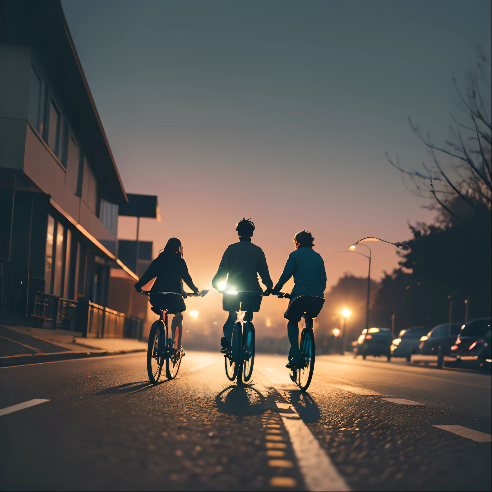 The image depicts a group of four people, possibly children, riding bicycles along a road at night. Each person has a bike, and they seem to be traveling together. The scene is illuminated by a green light, giving it a unique and mysterious atmosphere. The group is riding in the same direction, and their positions suggest that they are moving at a leisurely pace, enjoying their time together. The green light might be coming from a nearby source, such as a streetlight or a nearby building, adding an interesting visual effect to the scene. --auto --s2