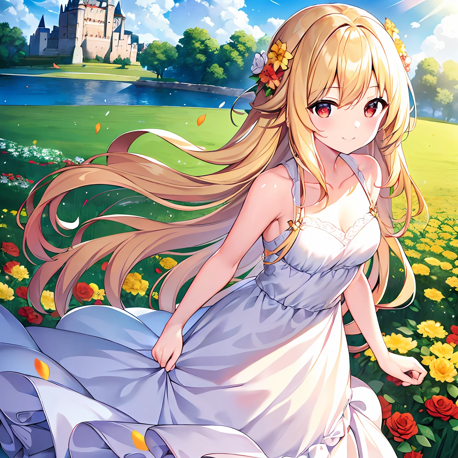Wavy blonde hair、red eyes、Beautiful girl alone、独奏、animesque、Have a bouquet、Light blue dress、off shoulders、flower  field、castle in background、A smile、flower petals、suns、Sunlight Yellow