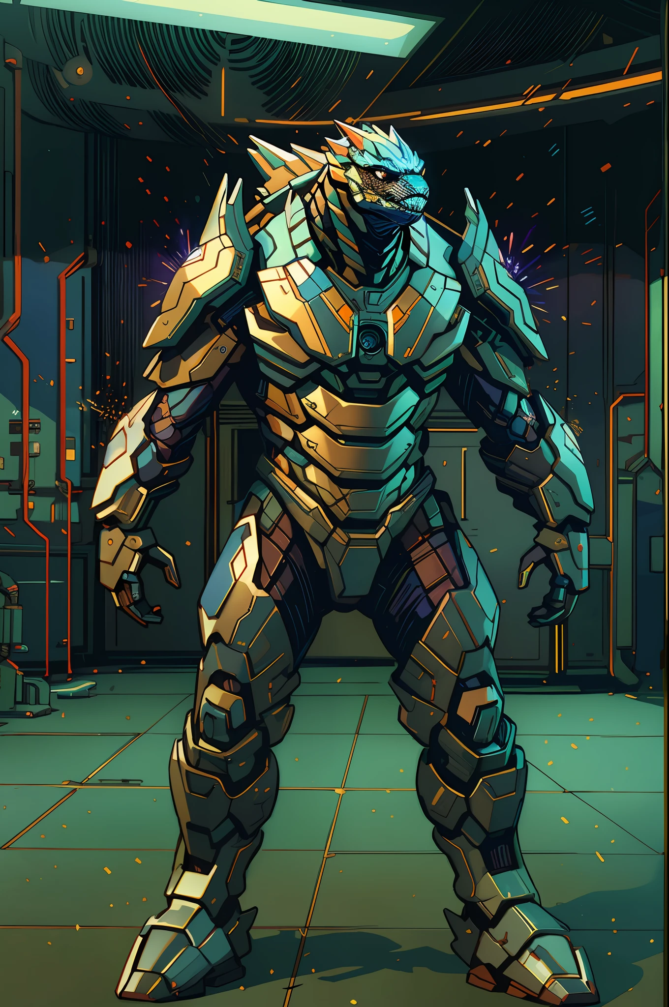 A high-tech combat armor suit inspired by Godzilla concept, Godzilla concept biotech battle armor, (Natural light, professional lighting:1.2, cinematic lighting:1.5, best shadow), (masterpiece:1.5), high definition, best quality, ultra-detailed, extremely delicate, anatomically correct, creativity, RAW photo, unreal engine 5, High-tech armored suits, psychedelic details, BiophyllTech, (add electric power around), fantasy, ultra intricately detailed, Ultra-complex design, A bio-sensitive high-tech battle armor suit infused with Godzilla characteristics, The angular design on the body is illuminated and the display is charging, (energy waves, Energy particles), octane render, perfect images quality, realistic, sure real, full hd, 32k, ((character concept art)), full body character drawing