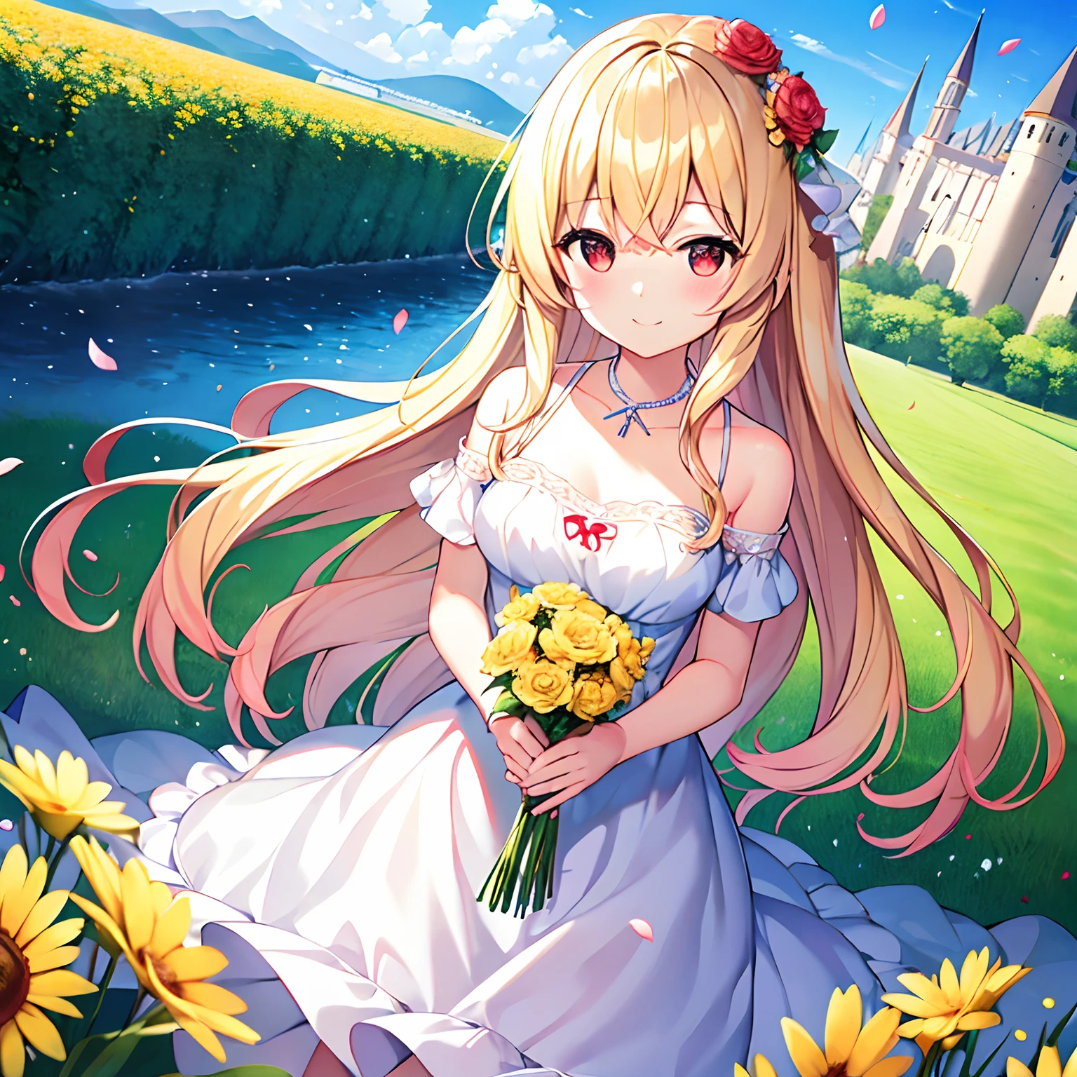 Wavy blonde hair、red eyes、Beautiful girl alone、独奏、animesque、Have a bouquet、Light blue dress、off shoulders、flower  field、castle in background、A smile、flower petals、suns、Sunlight Yellow