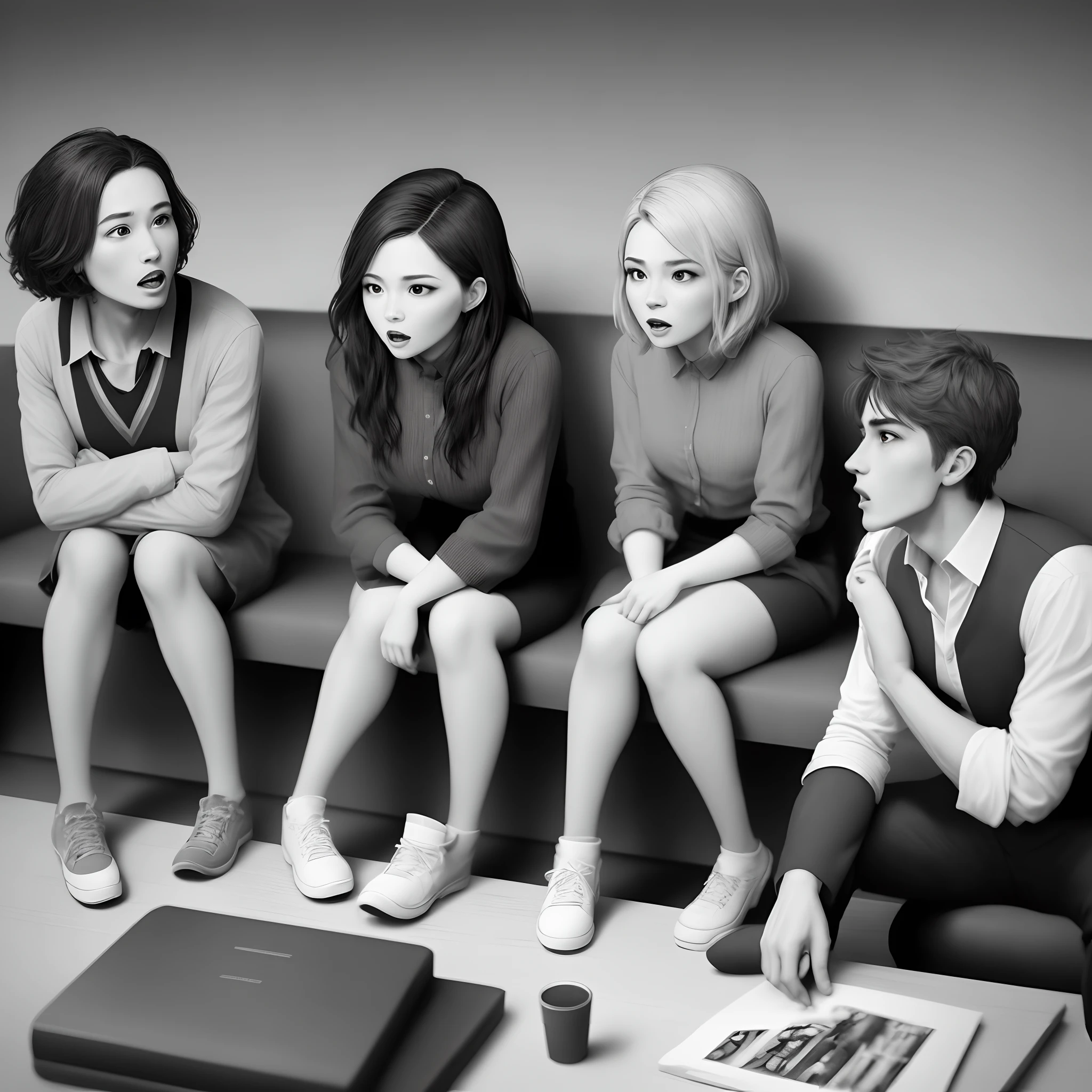 I need a simple image of three people arguing in a group around a table. A imagem pode ser colorida, But we want people to look abstract (genderless, ethnicity or other characteristics on display).