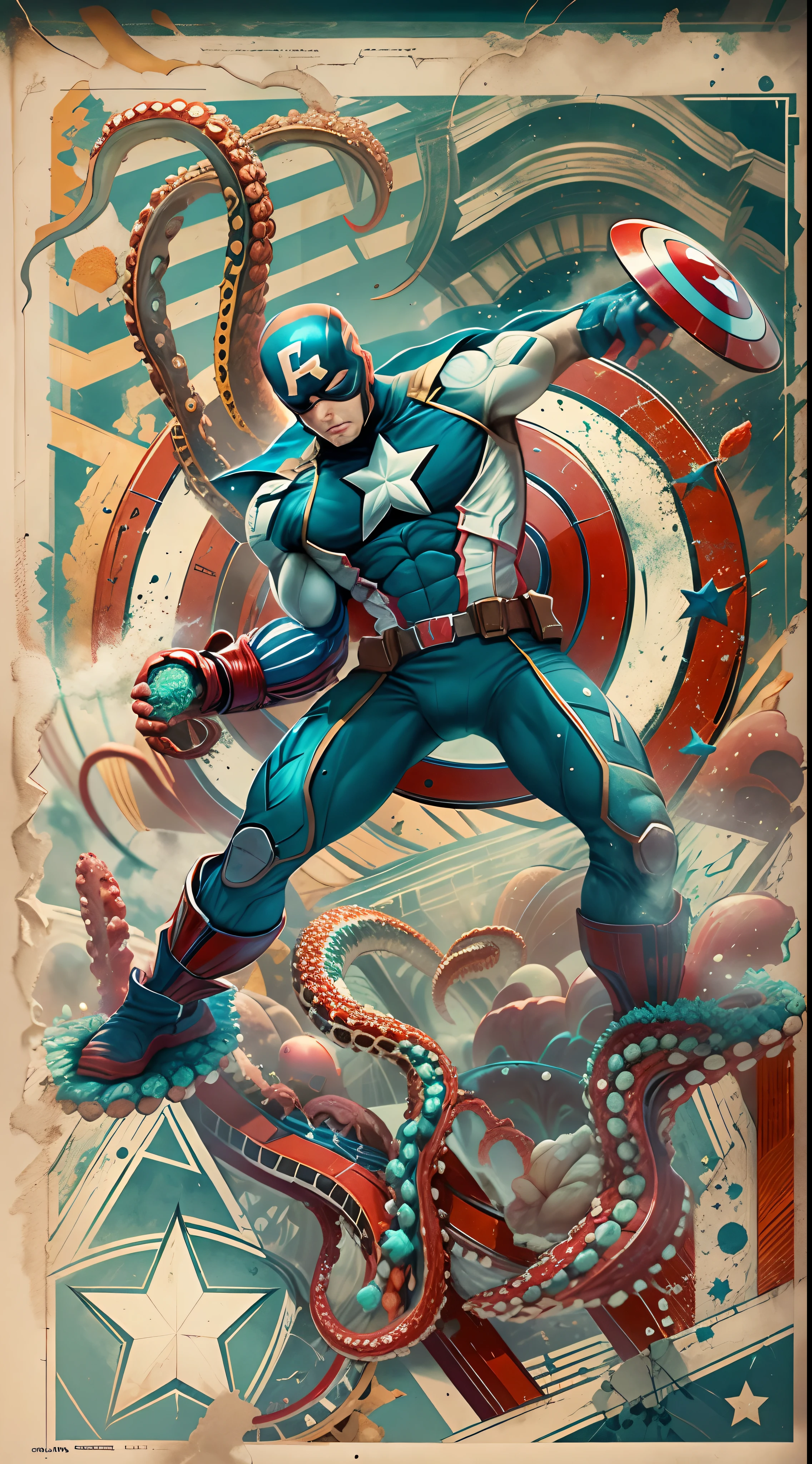 The image presents a creative and unusual representation of the "Captain America" na forma de um polvo. In this unique merger, the distinctive elements of Captain America blend surprisingly with the characteristics of an octopus, resultando em uma figura cativante.

The octopus' body is stylized with Captain America's iconic shield, agora incorporado como parte integrante do corpo do polvo. Its eight tentacles feature the characteristic colors and stars of the hero's uniform, criando um efeito visual impactante.

The octopus' eyes are expressive and reflect Captain America's determination and courage. His expression is confident and vigilant, conveying the feeling of a tireless guardian.

A paleta de cores inclui o vermelho, blue and white characteristic of Captain America's uniform, contrastando com a tonalidade natural do polvo. detalhes sutis, como as estrelas no corpo do polvo, strengthen the fusion between the two elements..

This image provides an intriguing and unique interpretation of Captain America, apresentando-o sob uma nova perspectiva como um polvo heroico. It evokes a sense of surprise and wonder, convidando o espectador a explorar as possibilidades criativas de combinar diferentes elementos de maneira imaginativa.