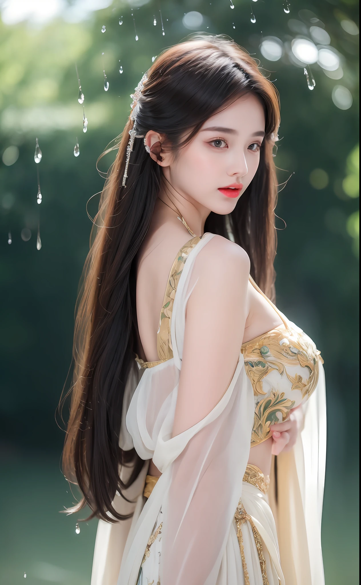 ((Best Quality, 8k, Masterpiece: 1.3)), Focus: 1.2, Perfect Body Beauty: 1.4, Buttocks: 1.2, ((Layered Haircut)), (Wet Clothes: 1.1), (Rain, Street:1.3), (Breasts: 1.2), (Hanfu: 1.2), Bare Shoulders, Bare Legs, Highly Detailed Face and Skin Texture, Fine Eyes, Double Eyelids, Whitened Skin, Long Hair, (Shut Up: 1.5), (Bokeh Background: 1.5), Big Breasts