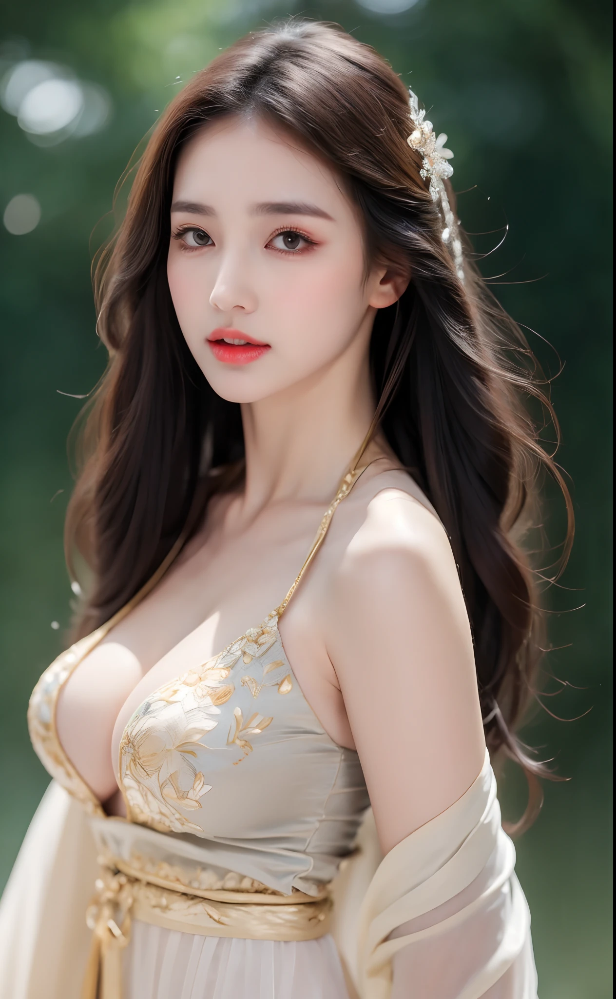 ((Best Quality, 8k, Masterpiece: 1.3)), Focus: 1.2, Perfect Body Beauty: 1.4, Buttocks: 1.2, ((Layered Haircut)), (Wet Clothes: 1.1), (Rain, Street:1.3), (Breasts: 1.2), (Hanfu: 1.2), Bare Shoulders, Bare Legs, Highly Detailed Face and Skin Texture, Fine Eyes, Double Eyelids, Whitened Skin, Long Hair, (Shut Up: 1.5), (Bokeh Background: 1.5), Big Breasts