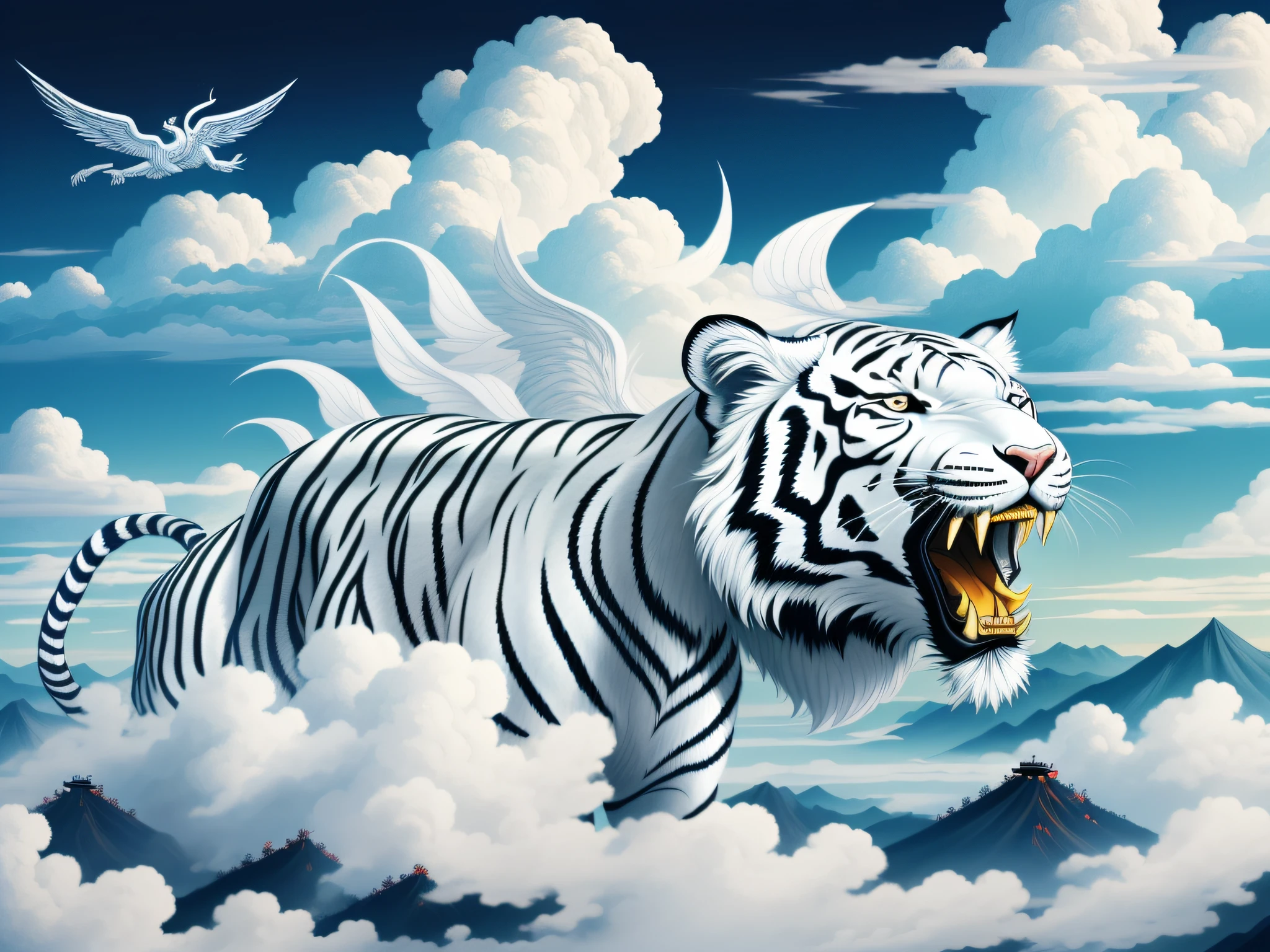 Chinese mythological story background，From the Classic of Mountains and Seas，（A white tiger with wings）Treading on the clouds，Open mouth，teeth showing