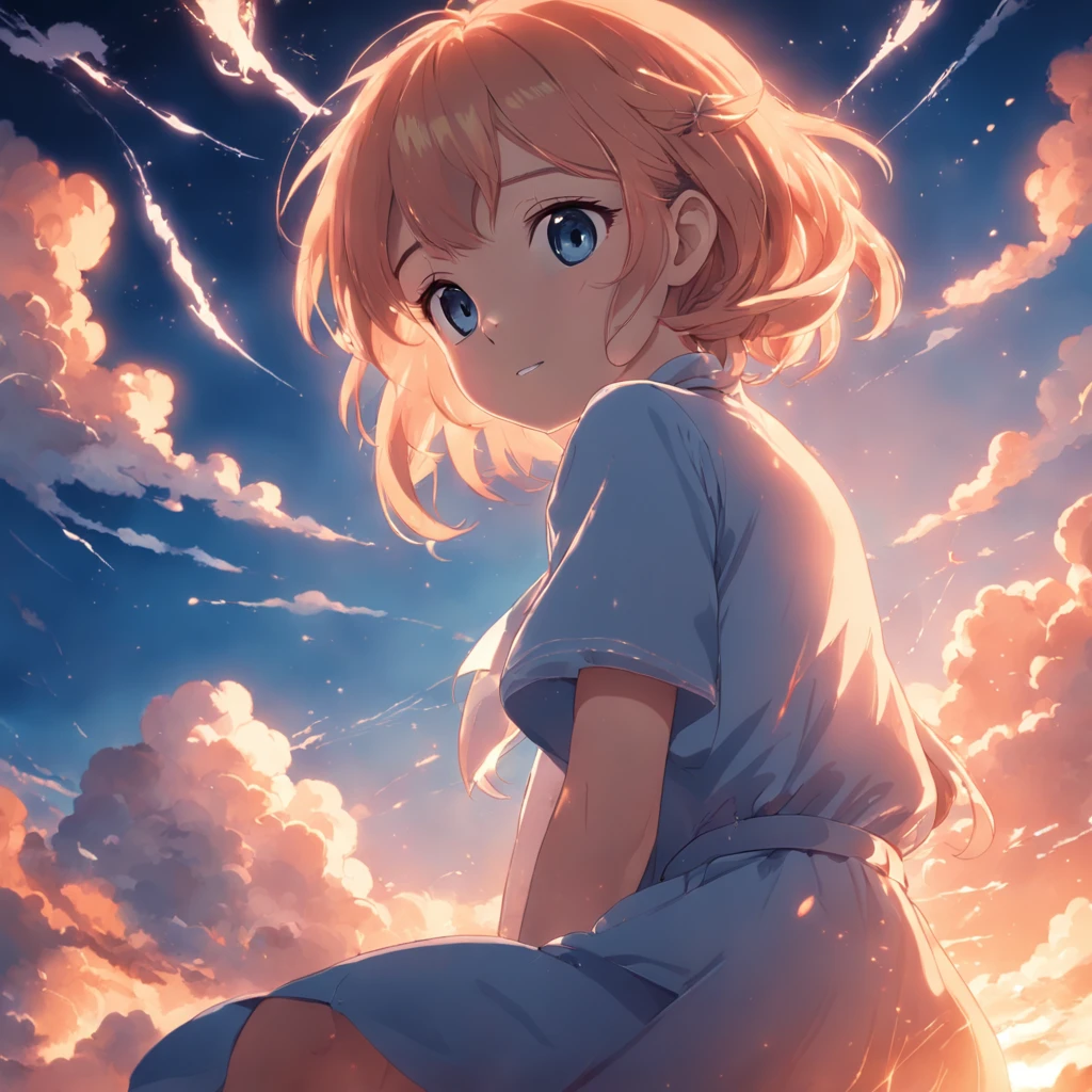 masterpiece, best quality, movie still, 1girl, cloud girl, floating in the sky, close-up, bright, happy, warm soft lighting, sunset, (sparks:0.7)