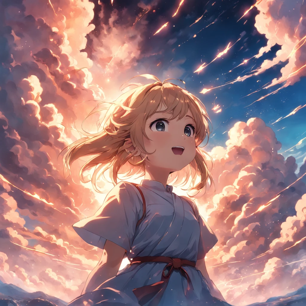 masterpiece, best quality, movie still, 1girl, cloud girl, floating in the sky, close-up, bright, happy, warm soft lighting, sunset, (sparks:0.7)