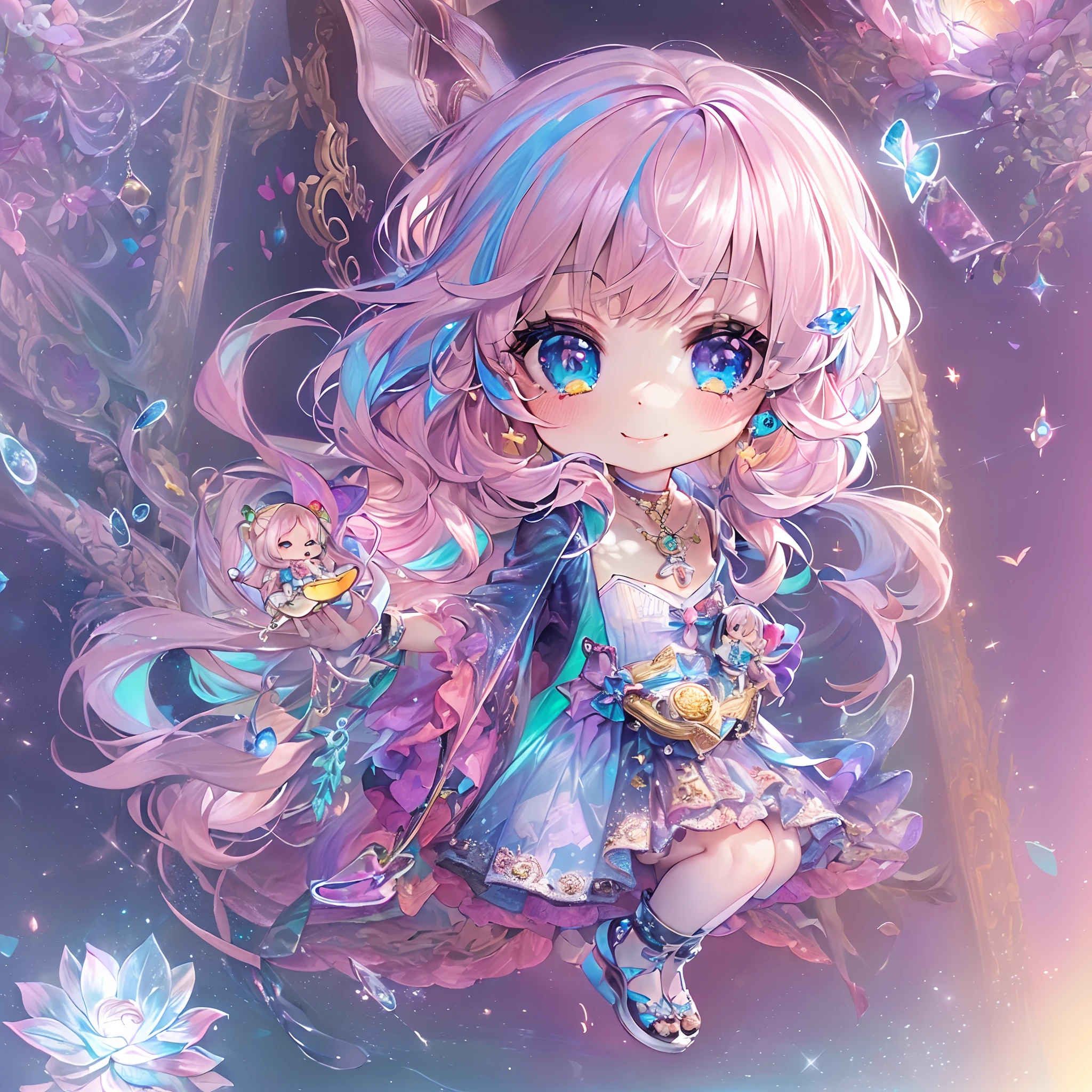 (Chibi:1.5)((masutepiece, of the highest quality, Watercolor art (Pendants), Beautiful and aesthetic: 1.2)), (Golden ratio: 1.2), (Full body: 1.2), (Super Detail: 1.3), (1 girl in: 1.3), (Fractal Art: 1.3), (Glitter Pupil)),(eye glass:1.5) ,(Iridescent hair, Colorful hair, Half light blue and half pink hair: 1.2)),  (Heterochromia), (Colorful: 1.5), (((Shy face)),  (full body Esbian), (Hyper-detailing), ((delicate detail)), (intricate-detail), ((Cinematic Light, Highest quality backlight)), High contrast, ((The best lighting, Very delicate and beautiful)), (( Cinematic Light)), (ray trace reflection, Glow), (((glowing aura)), ((Glowing hair)), ((Super Detail)), (8K)), ((a closeup)),  ((Seductive smile)) ,((FULL BODYSHOT))、(Chibi:1.5)