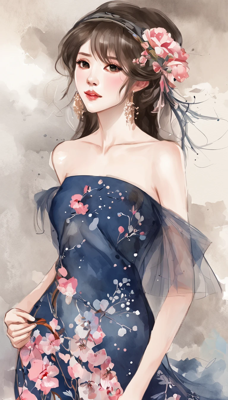 ((full body)), ((from below)), the night,dark blue sky,Pink floral dress,dignified,slim,stand posture,legs crossed, slender leg, cabelos preto e longos, beautiful teenage girl, white headgear,Hairline,slanted bangs, shairband, hair adornments, forehead jewel, Jewel branch of Paulai, Crescent hair ornaments, fish hair ornament, glitters, cinmatic lighting, Lens glare, UHD,high qulity, A high resolution, best qualtiy, 8K, 16K, high detal, high qulity, super detailing, anatomy correct, tmasterpiece, Beautiful teenage girl,Beautiful goddess,Detailed scenes, Beautiful digital illustration, the detail,Hyper-detailed, Cinematic quality