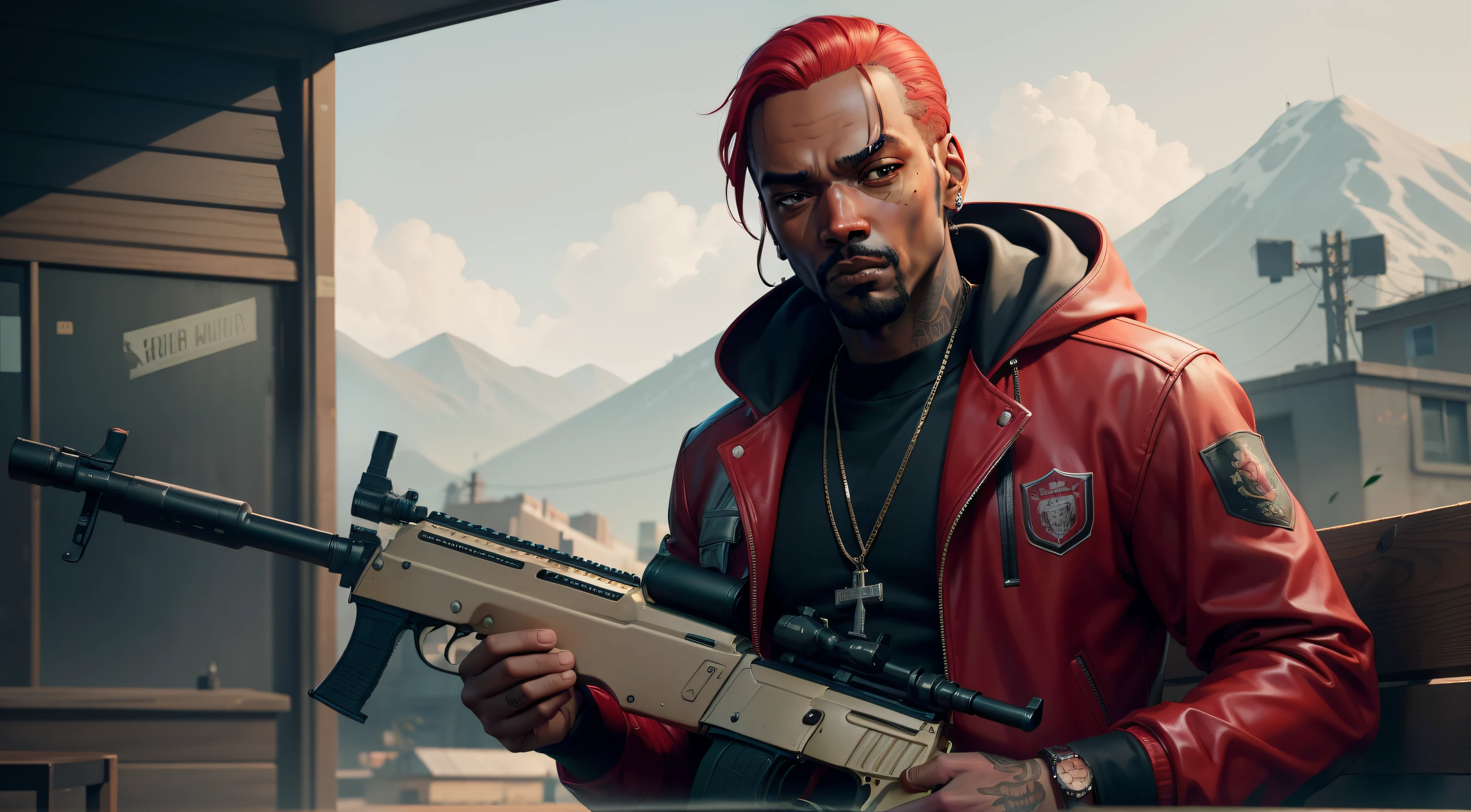 There's a man holding a gun on a wooden deck, gta personagem, Como o protagonista de GTA 5, GTA V Estilo, como um personagem de gtav, Kanye West em GTA v, drake em gta v, Estilo GTA5, gta v personagem, empunhando fuzil de assalto, Snoop Dogg em GTA V, gta 5 tom de pele, Jesse Pinkman em GTA v, red hair, jaqueta vermelha,AK-47 rifle