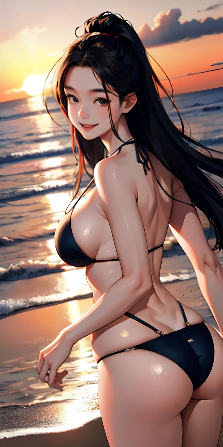 realisticlying、Real adult women、Buttocks emphasis The slightly larger sea accentuates the sunset、Smile sexily、Cleavage emphasis、Face Real、Bikini Wearing、faces、Chest zoom